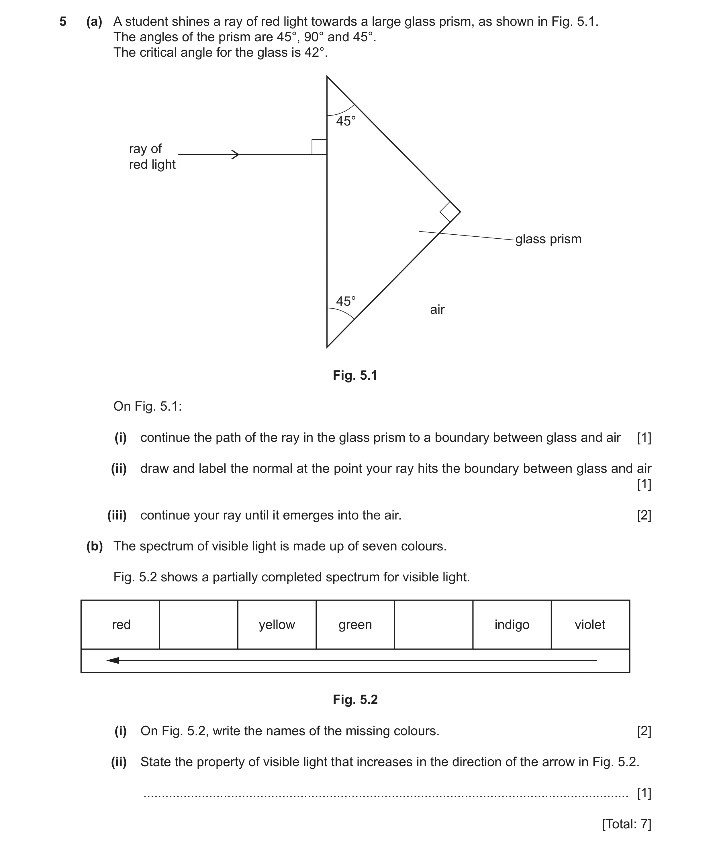 Question 27: (a) A student shines a ray of red light towards a large glass prism, as shown in Fig. 5.1. The angles of the prism are 45°, 90° and 45°. Th…
