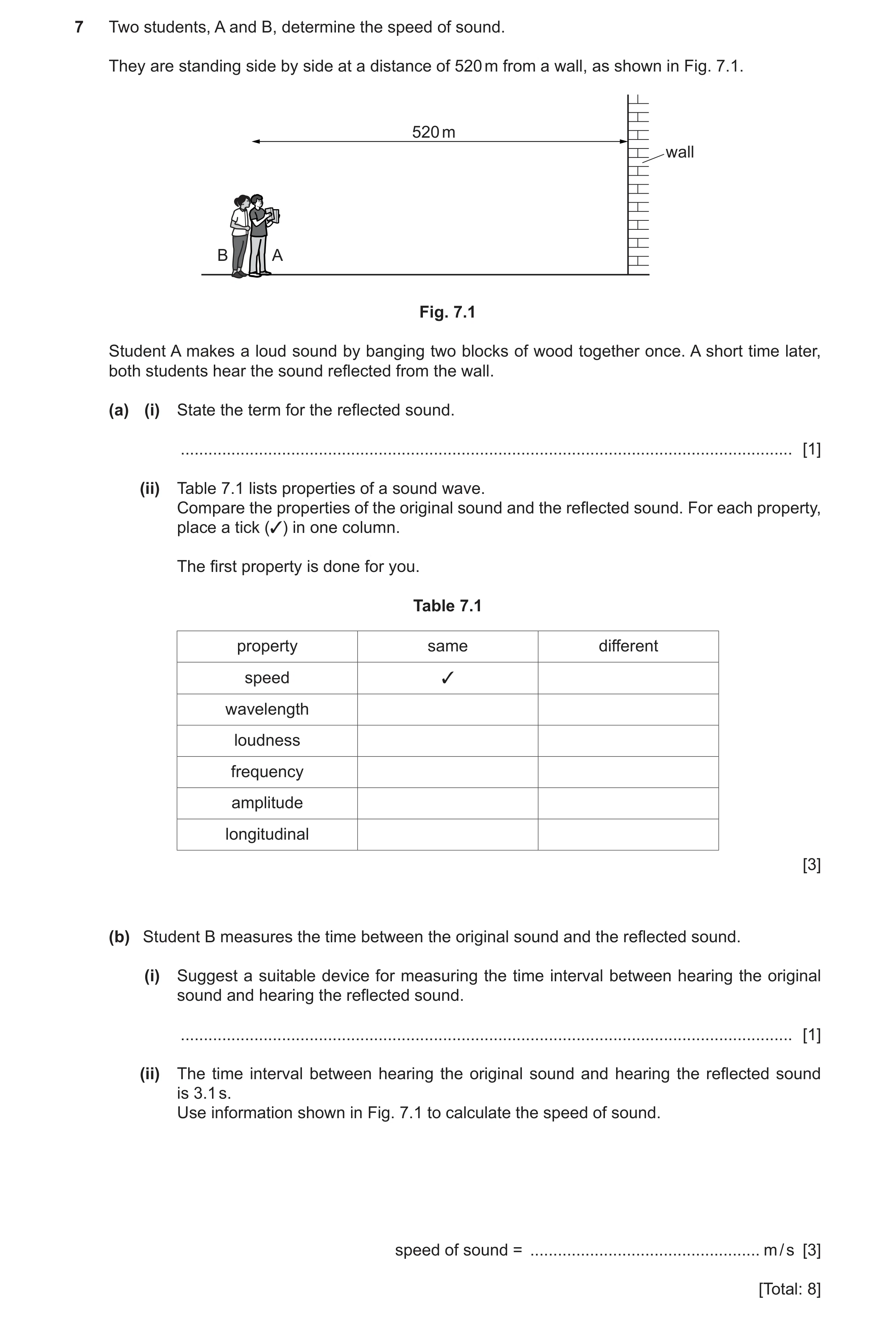 Question 21: Two students, A and B, determine the speed of sound. They are standing side by side at a distance of 520 m from a wall, as shown in Fig. 7.…