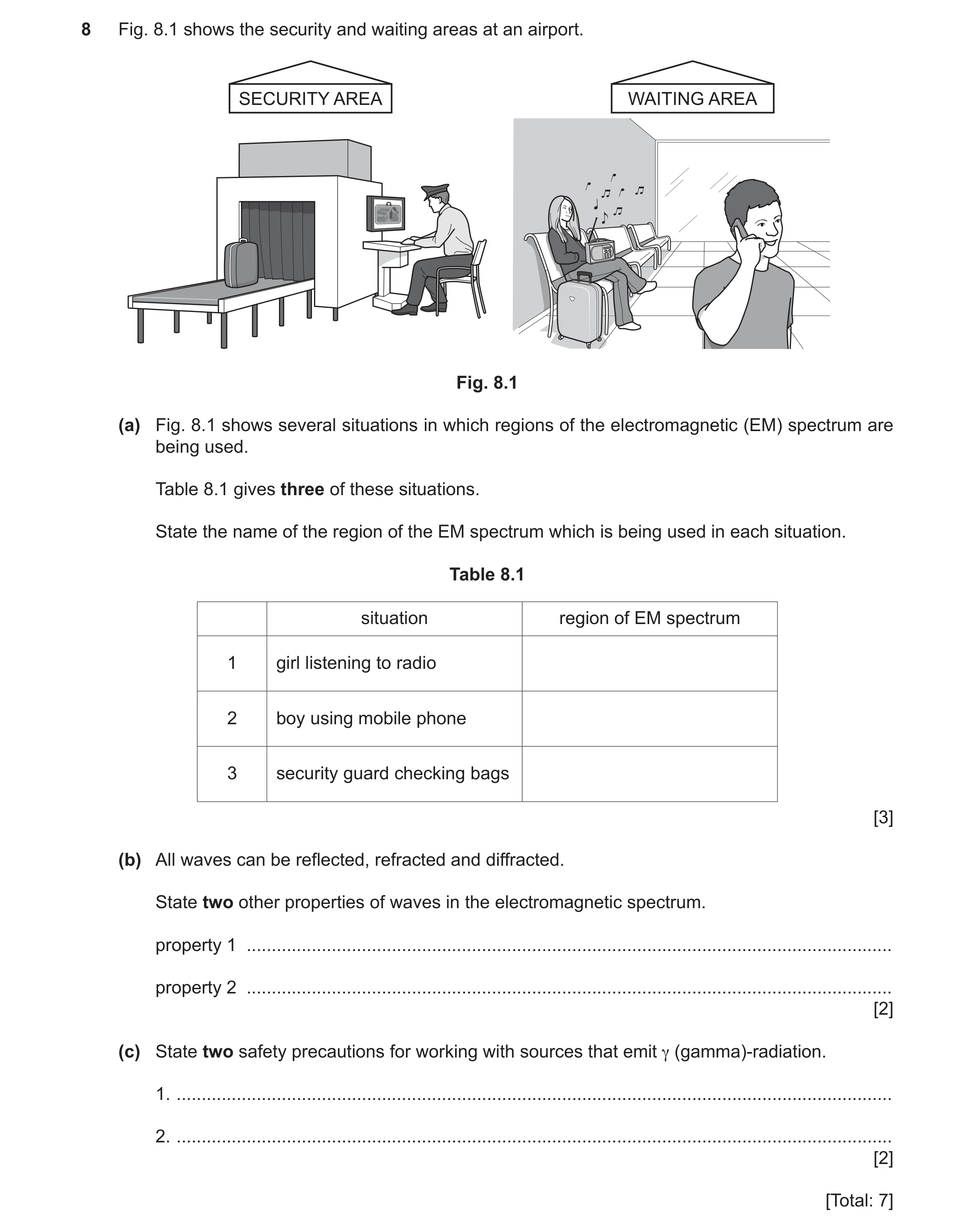 Question 28: Fig. 8.1 shows the security and waiting areas at an airport. SECURITY AREA WAITING AREA Fig. 8.1 (a) Fig. 8.1 shows several situations in w…
