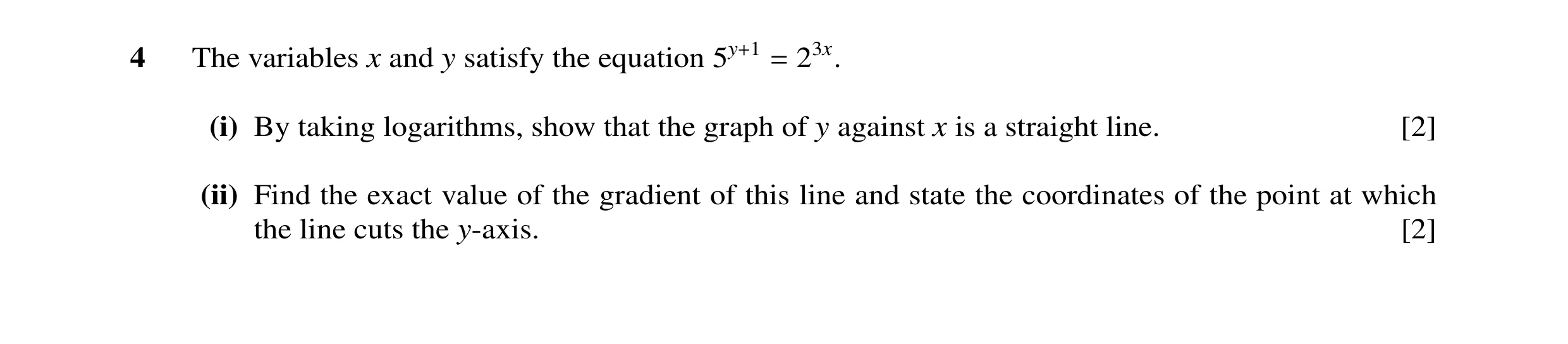 Question 26: The variables x and y satisfy the equation 5y+1 = 23x. (i) By taking logarithms, show that the graph of y against x is a straight line. [2]…
