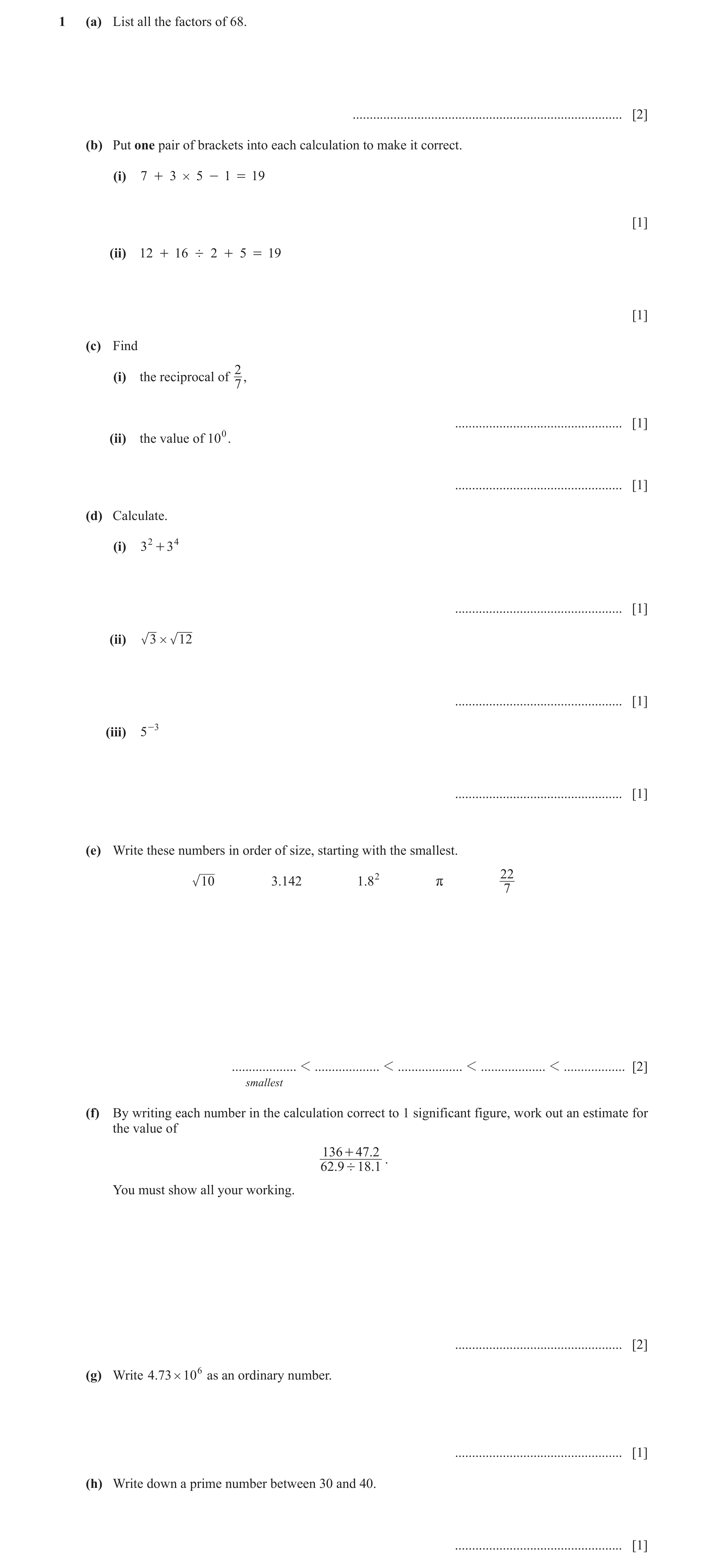 Question 80: (a) List all the factors of 68. ............................................................................... [2] (b) Put one pair of bra…