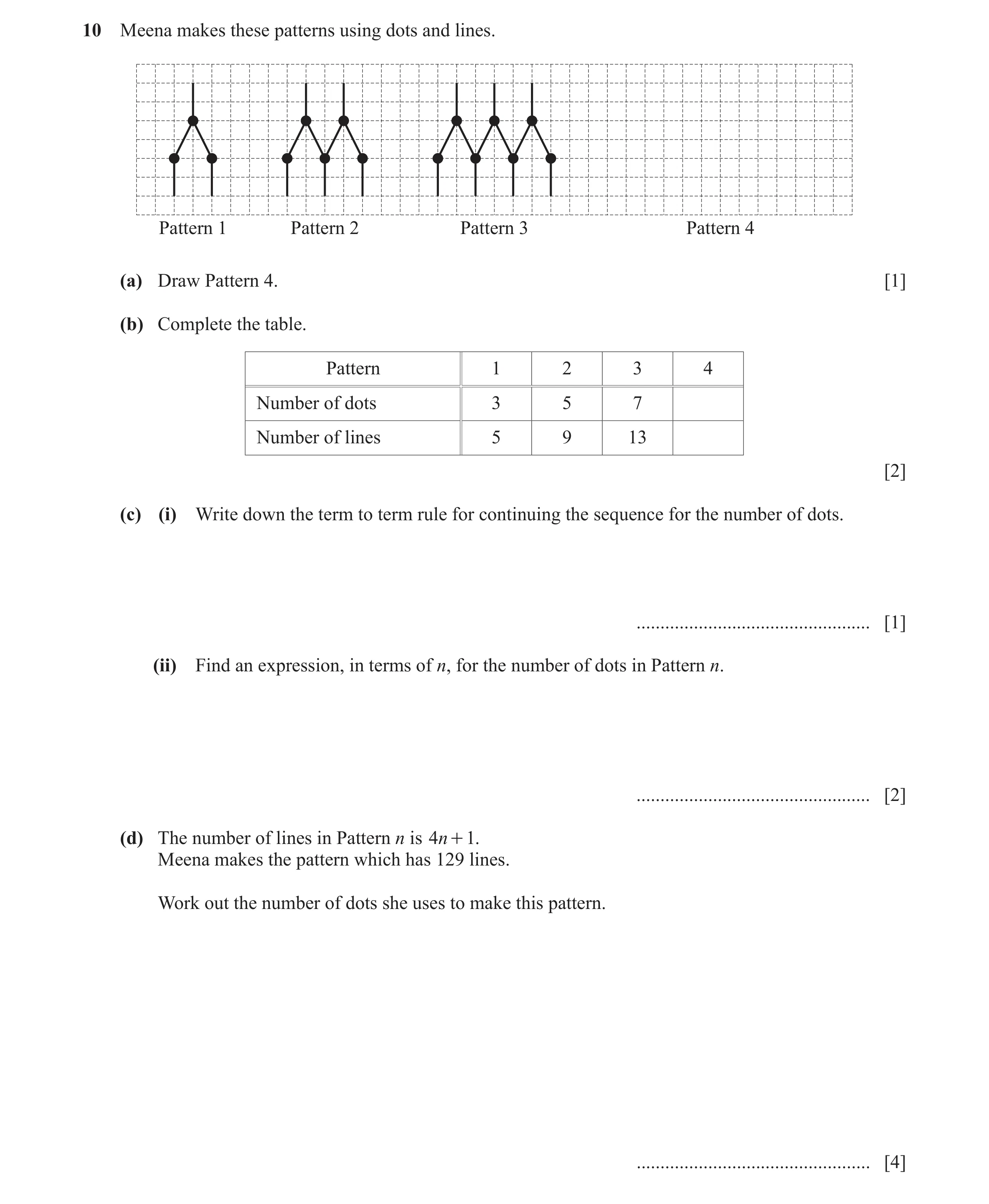 Question 48: Meena makes these patterns using dots and lines. Pattern 1 Pattern 2 Pattern 3 Pattern 4 (a) Draw Pattern 4. [1] (b) Complete the table. Pa…