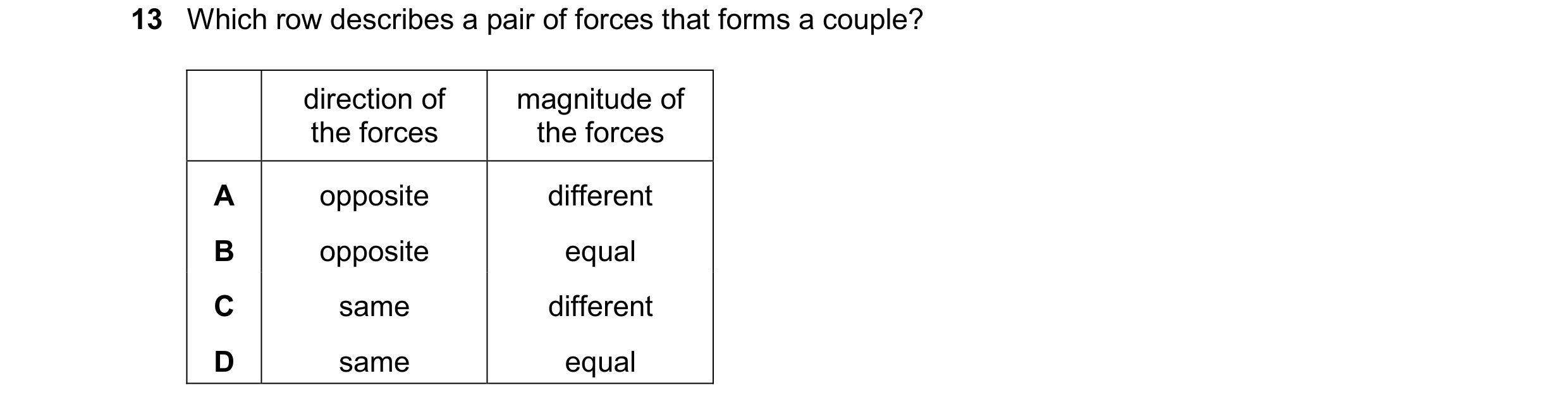Question 142: Which row describes a pair of forces that forms a couple? direction of magnitude of the forces the forces A opposite different B opposite e…