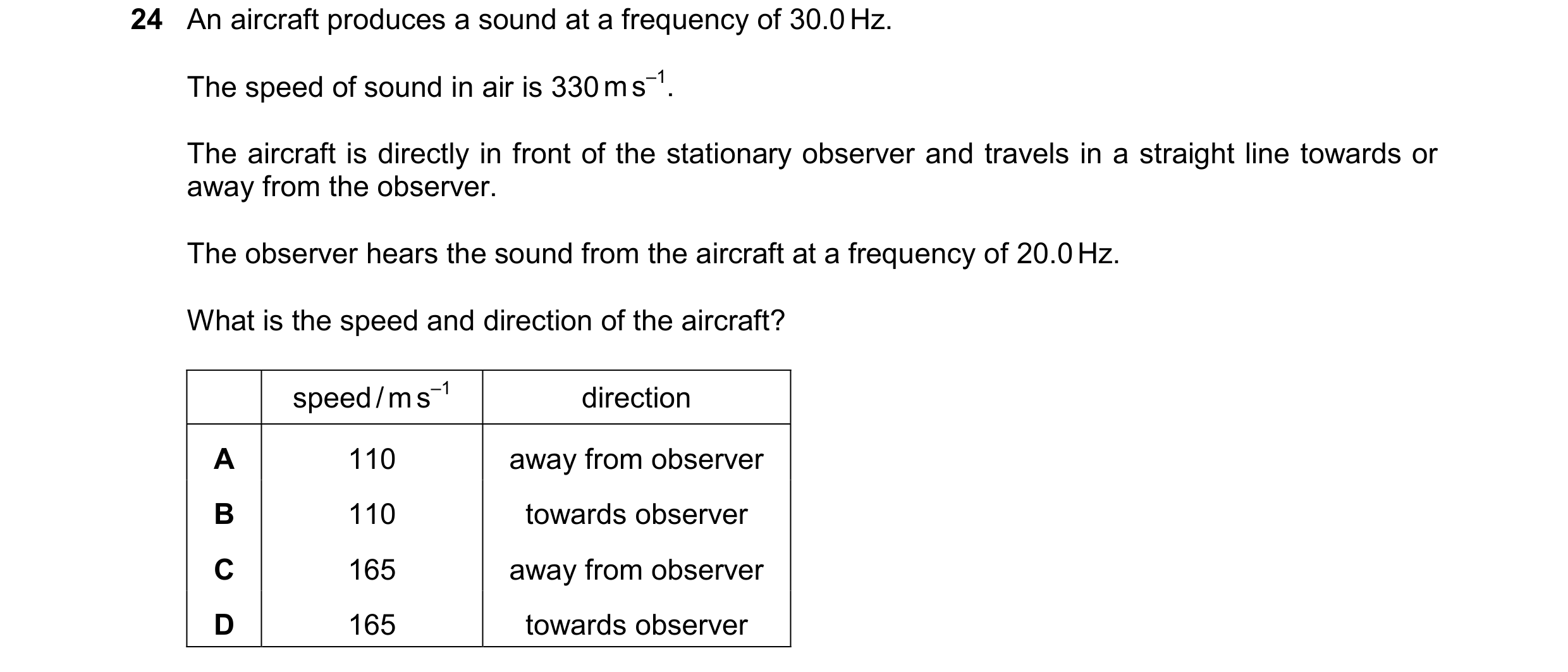 Question 61: An aircraft produces a sound at a frequency of 30.0 Hz. The speed of sound in air is 330 m s–1. The aircraft is directly in front of the st…