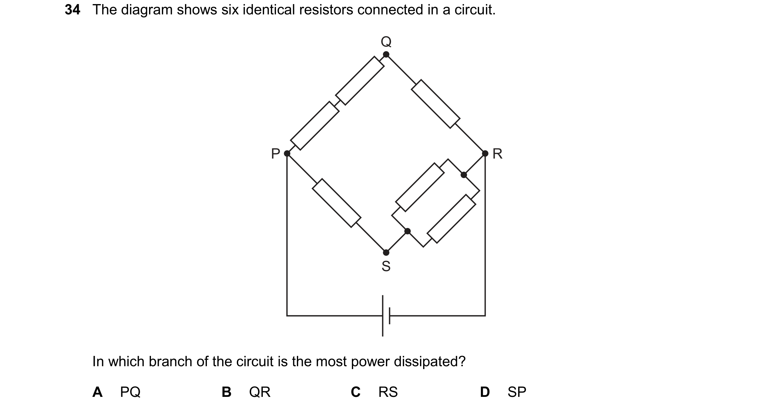 Question 220: The diagram shows six identical resistors connected in a circuit. Q P R S In which branch of the circuit is the most power dissipated? A PQ…