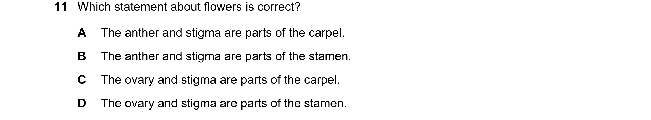 Question 27: Which statement about flowers is correct? A The anther and stigma are parts of the carpel. B The anther and stigma are parts of the stamen.…