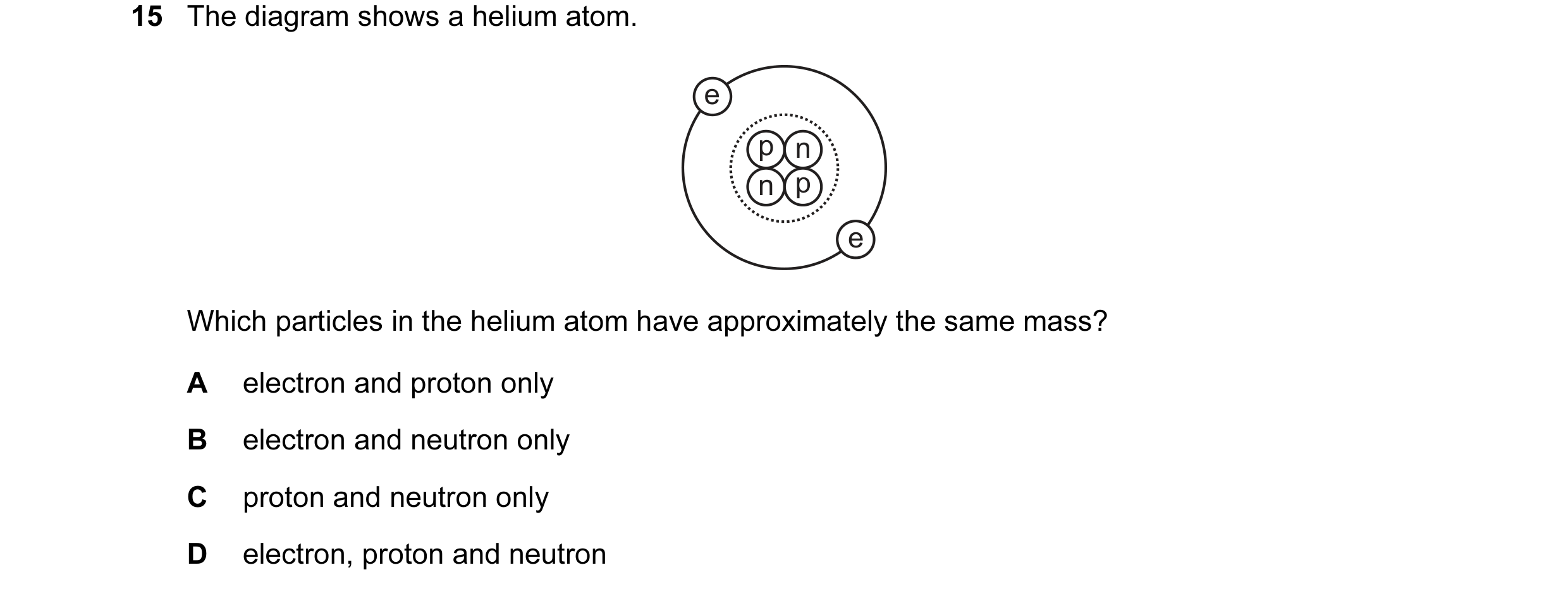 Question 16: The diagram shows a helium atom. e p n n p e Which particles in the helium atom have approximately the same mass? A electron and proton onl…