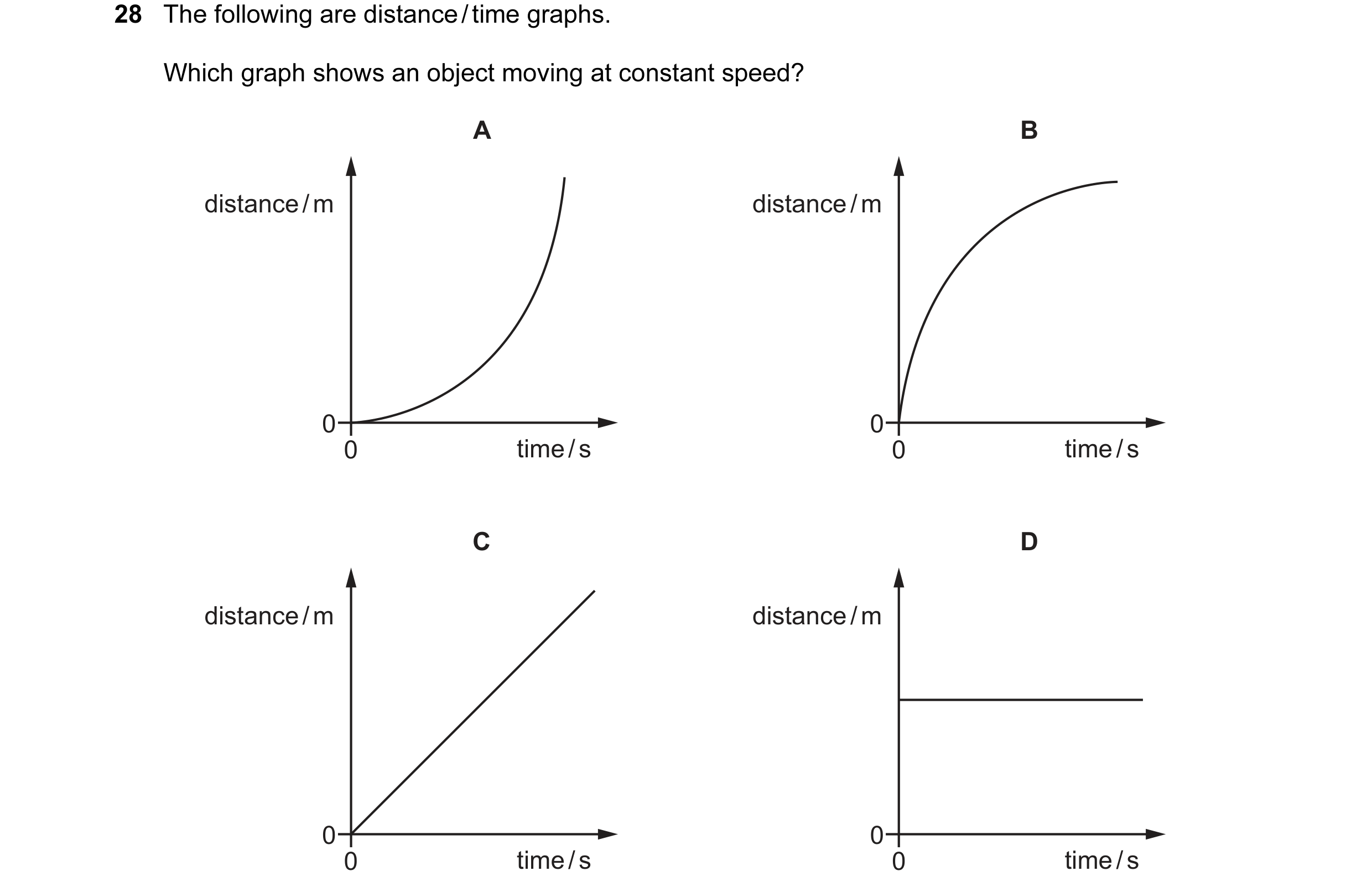 Question 38: The following are distance / time graphs. Which graph shows an object moving at constant speed? A B distance / m distance / m 0 0 0 time / …