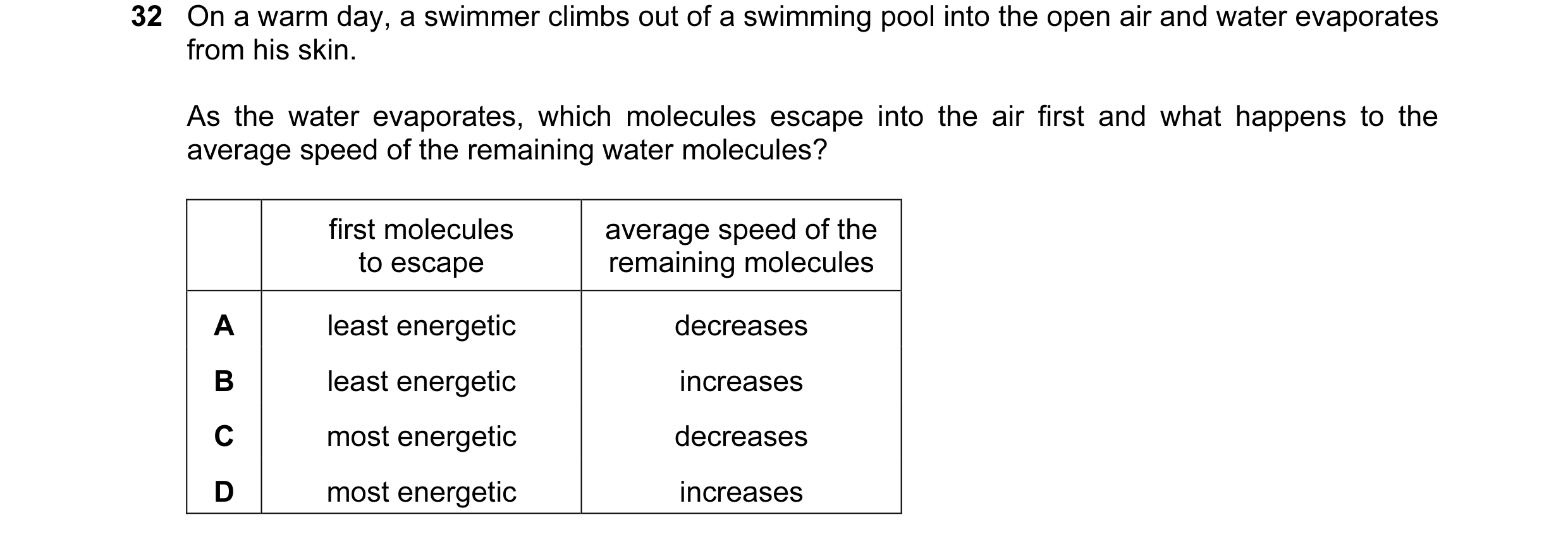Question 29: On a warm day, a swimmer climbs out of a swimming pool into the open air and water evaporates from his skin. As the water evaporates, which…