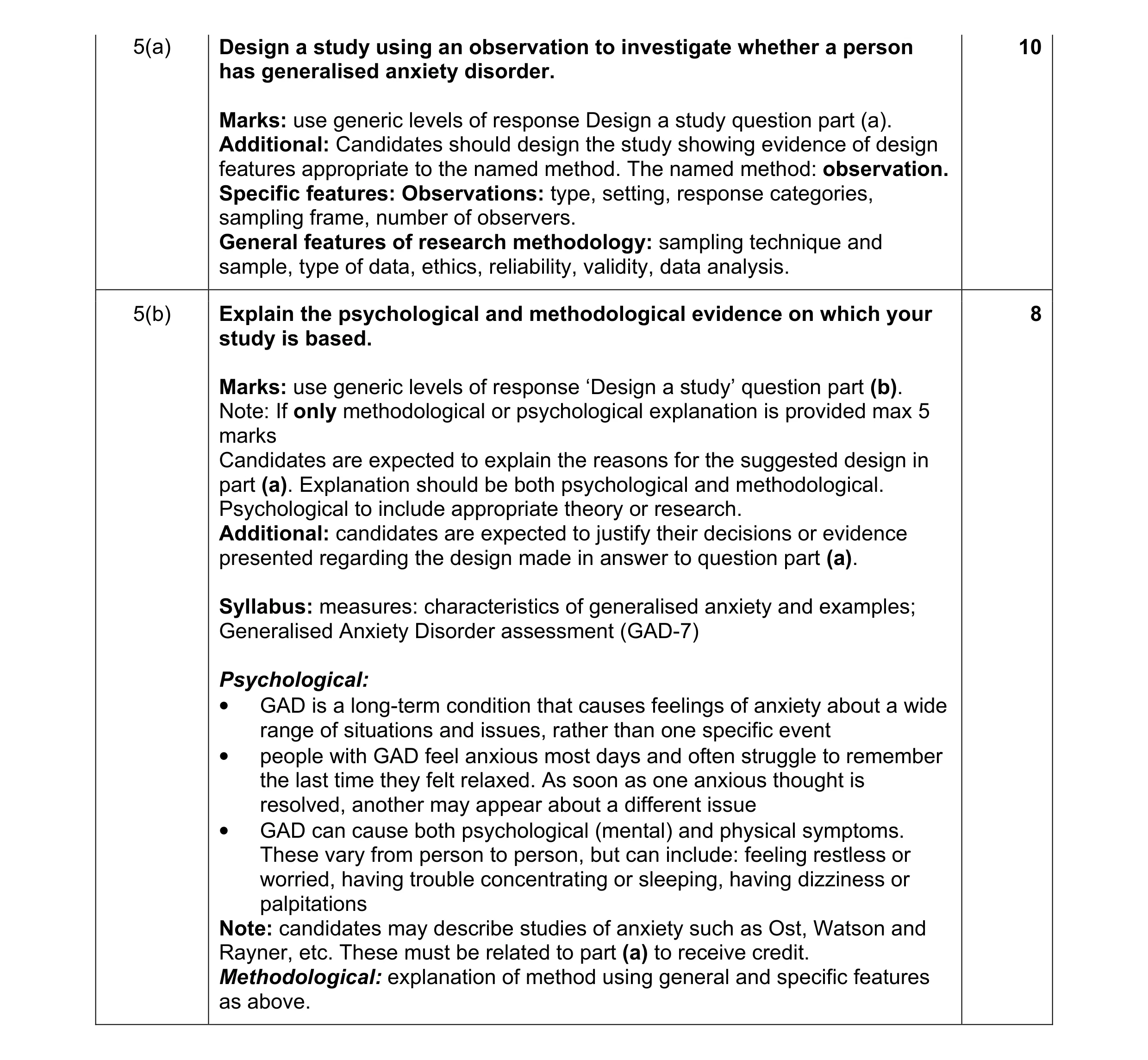 Mark scheme for question 5