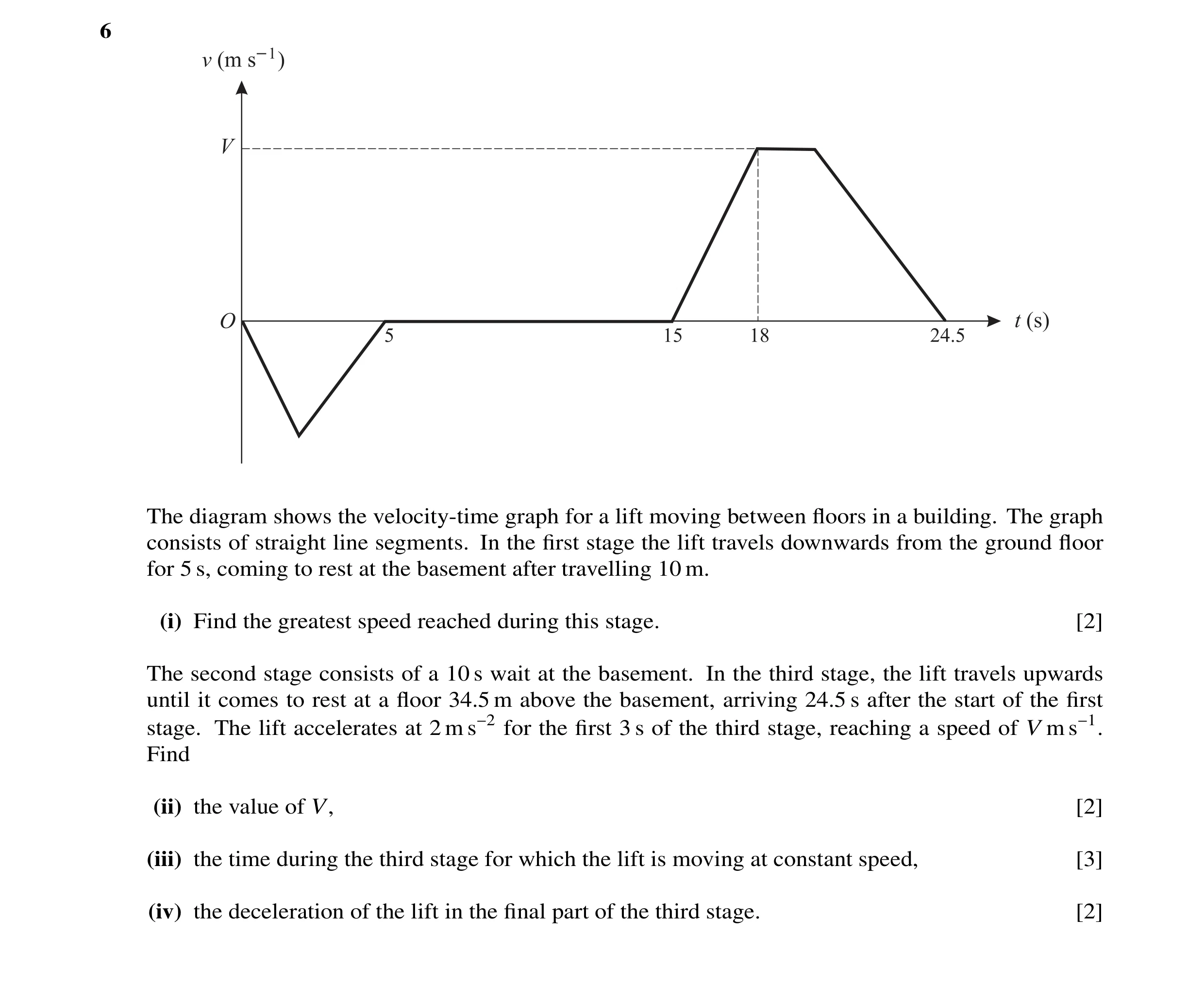 Question 6: The diagram shows the velocity-time graph for a lift moving between floors in a building. The graph consists of straight line segments. In t…