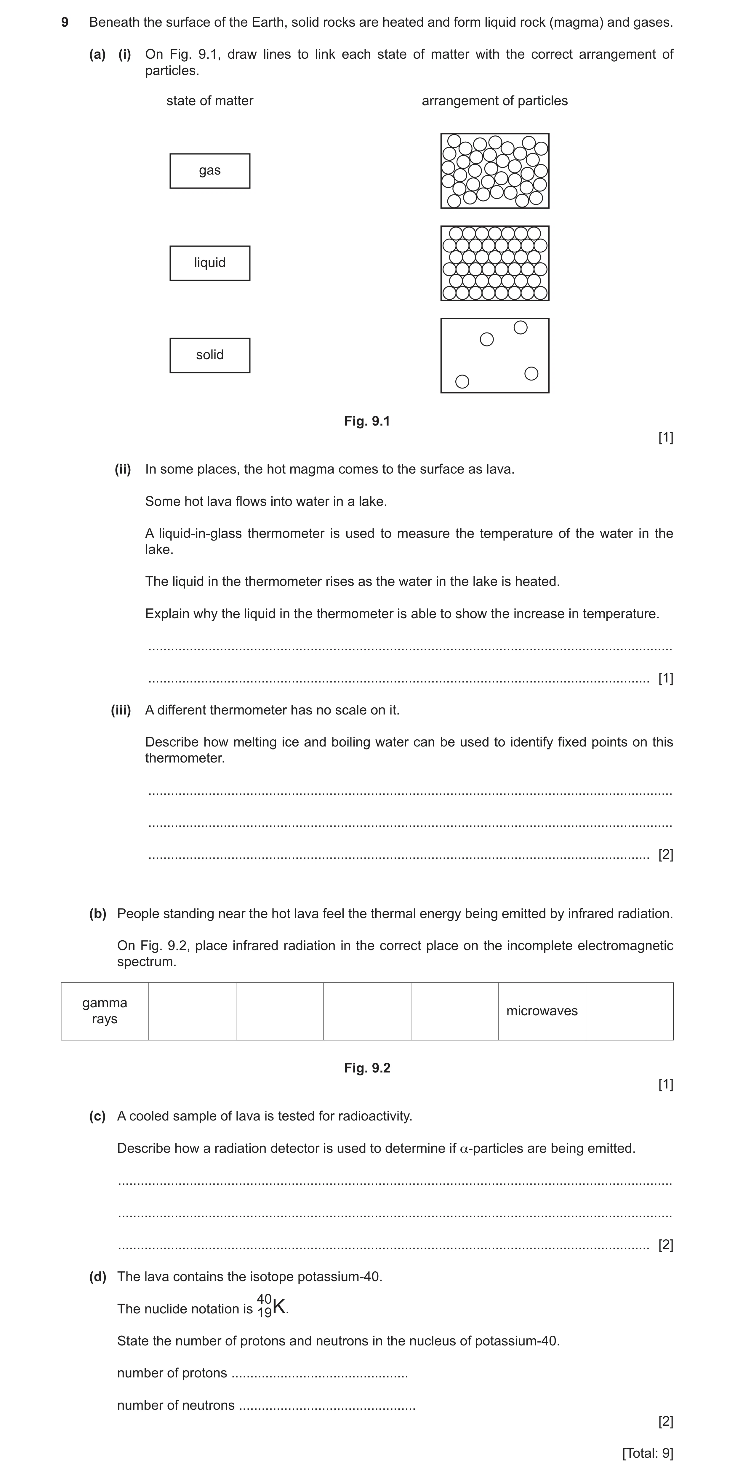 Question 19: Beneath the surface of the Earth, solid rocks are heated and form liquid rock (magma) and gases. (a) (i) On Fig. 9.1, draw lines to link ea…