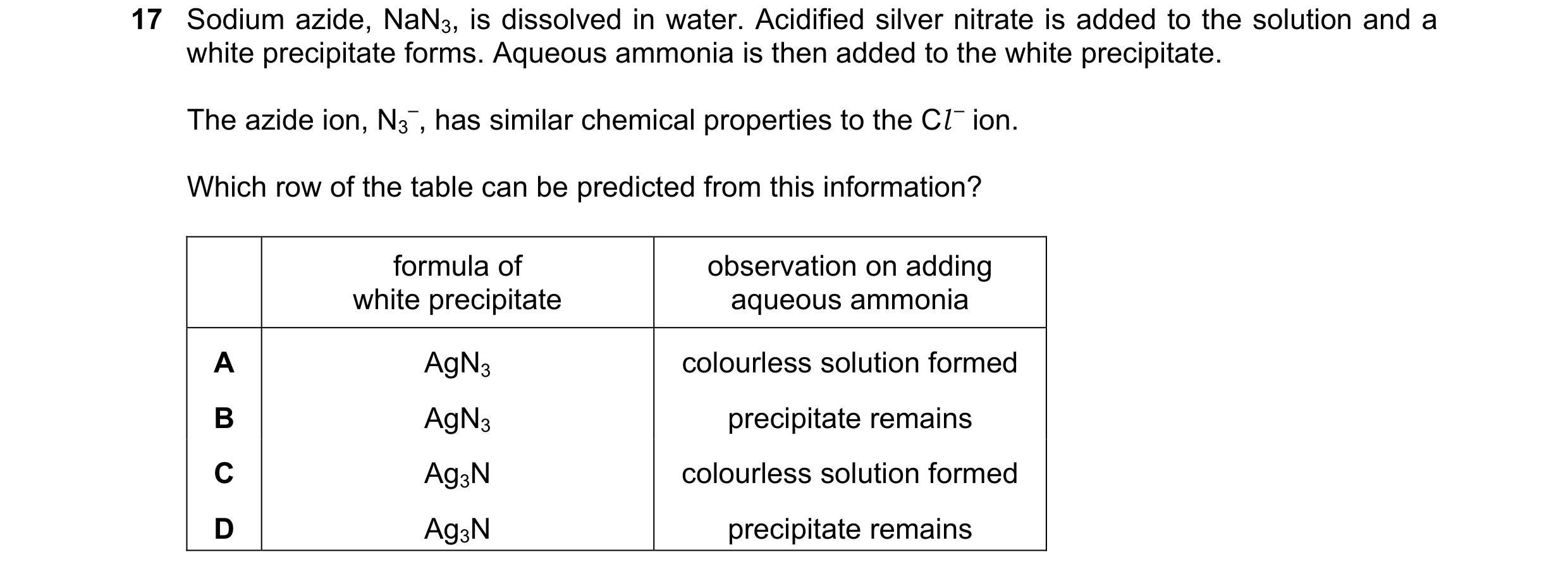 Question 62: Sodium azide, NaN3, is dissolved in water. Acidified silver nitrate is added to the solution and a white precipitate forms. Aqueous ammonia…