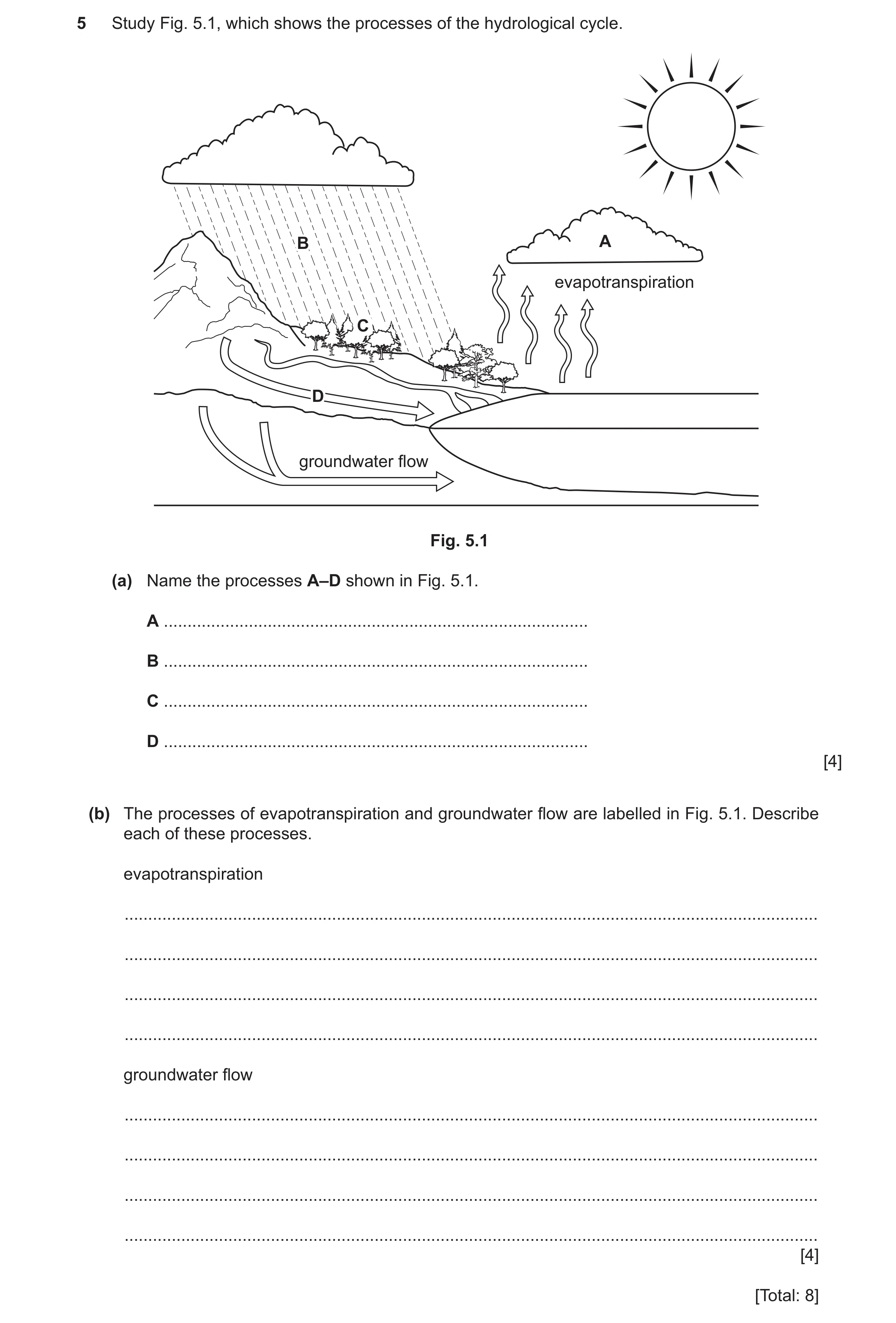 Question 54: Study Fig. 5.1, which shows the processes of the hydrological cycle. B A evapotranspiration C D groundwater flow Fig. 5.1 (a) Name the proc…