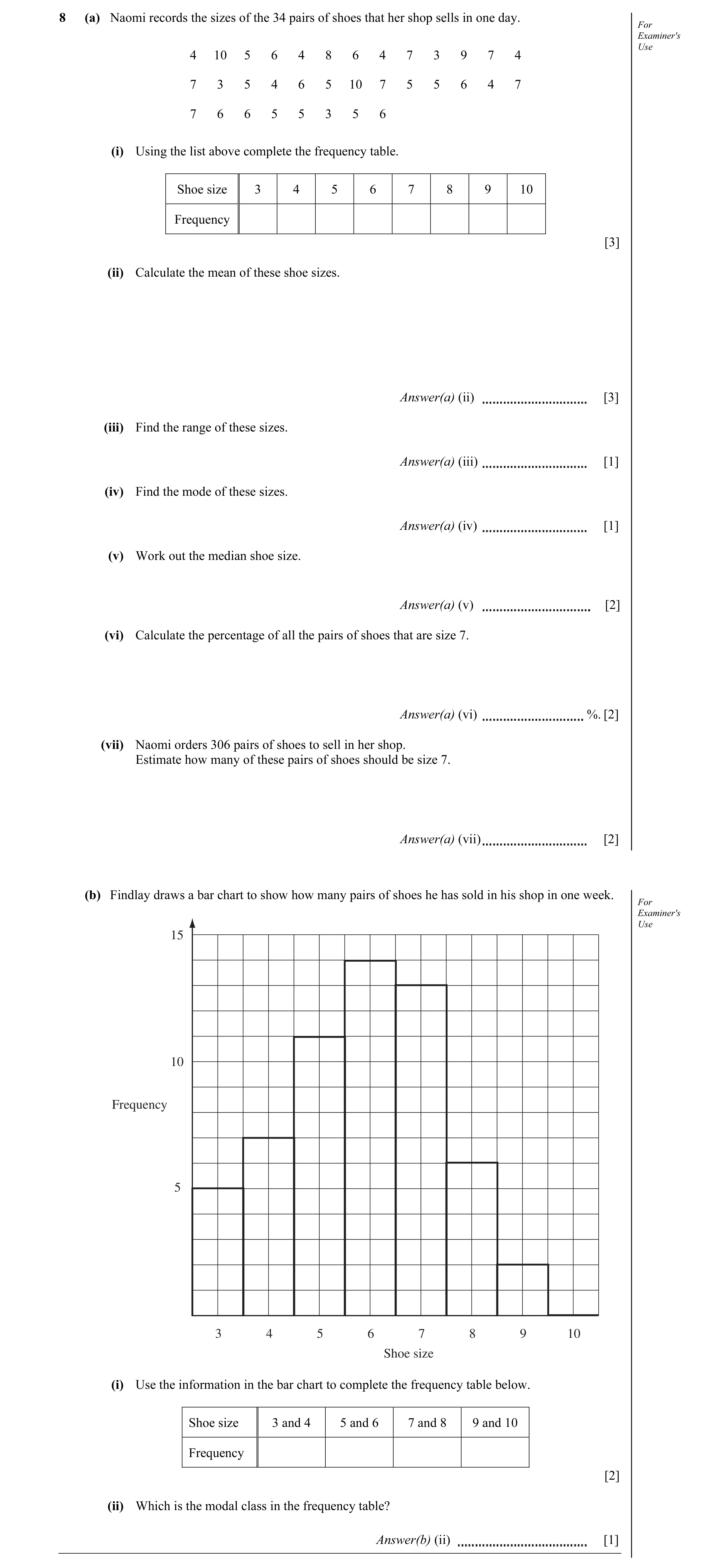 Question 3: (a) Naomi records the sizes of the 34 pairs of shoes that her shop sells in one day. For Examiner's Use 4 10 5 6 4 8 6 4 7 3 9 7 4 7 3 5 4 …