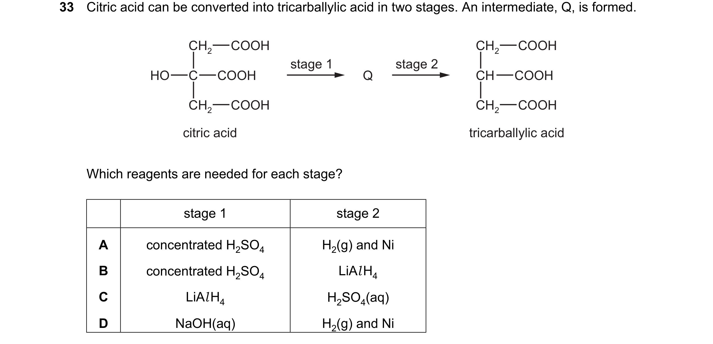 Question 30: Citric acid can be converted into tricarballylic acid in two stages. An intermediate, Q, is formed. CH2 COOH CH2 COOH stage 1 stage 2 HO C …