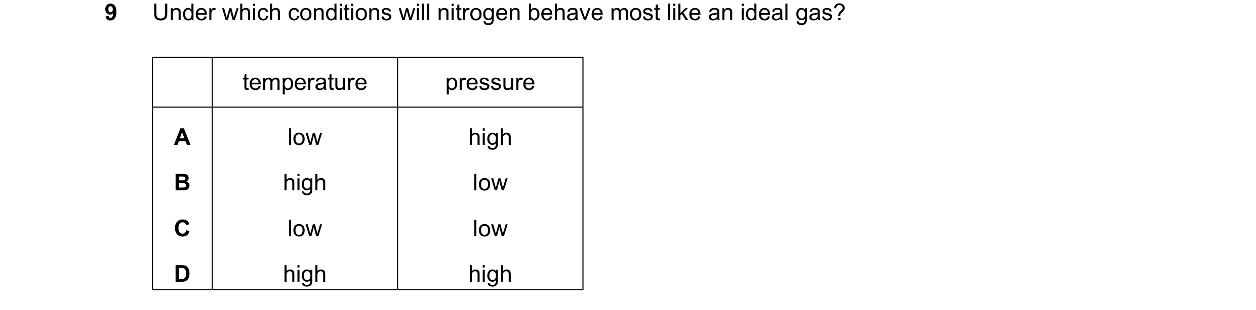 Question 106: Under which conditions will nitrogen behave most like an ideal gas? temperature pressure A low high B high low C low low D high high