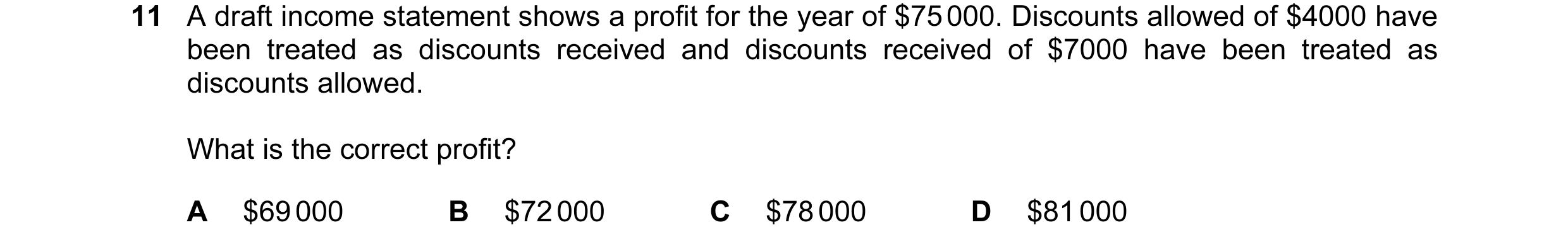 Question 97: A draft income statement shows a profit for the year of $75 000. Discounts allowed of $4000 have been treated as discounts received and dis…