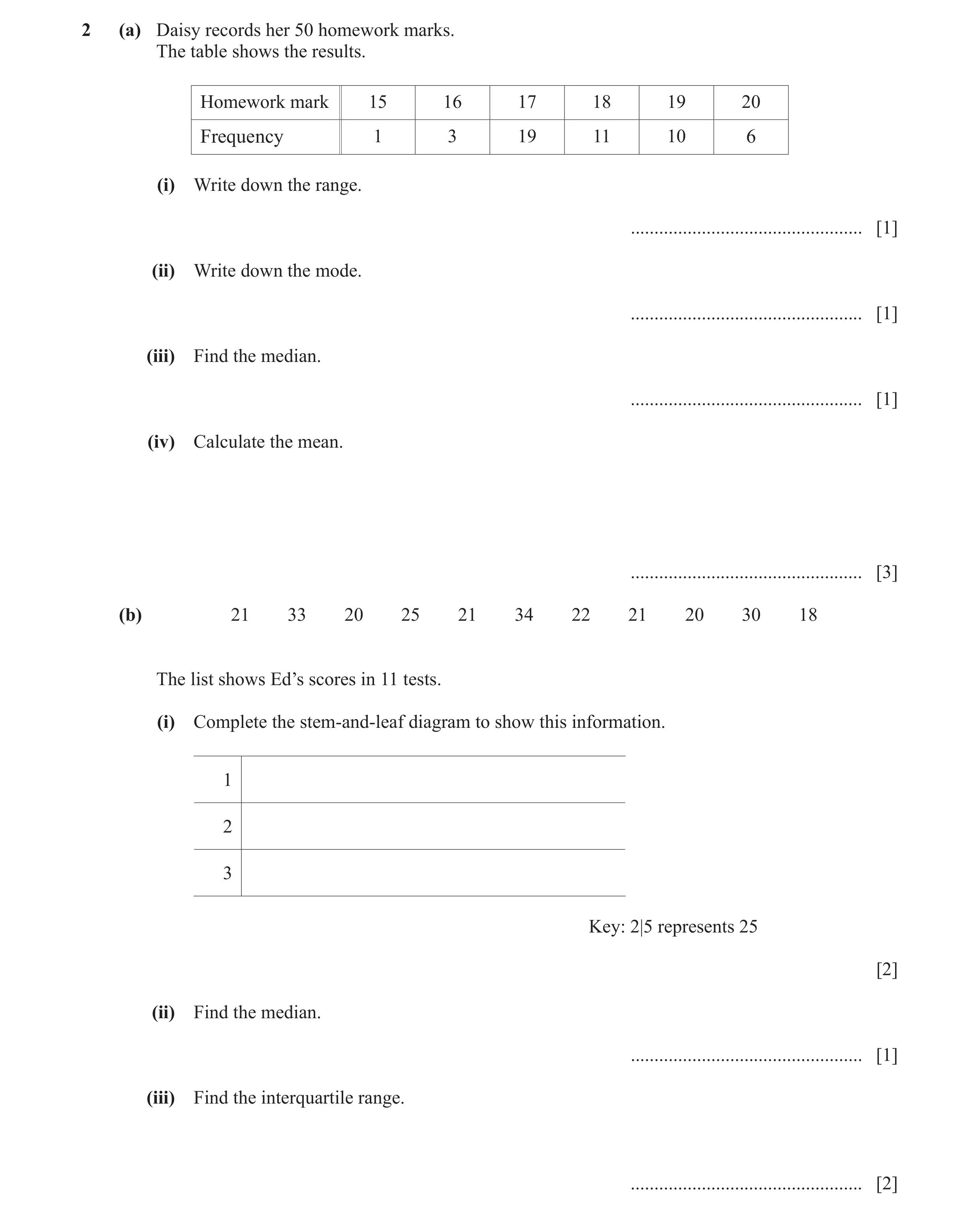 Question 39: (a) Daisy records her 50 homework marks. The table shows the results. Homework mark 15 16 17 18 19 20 Frequency 1 3 19 11 10 6 (i) Write do…