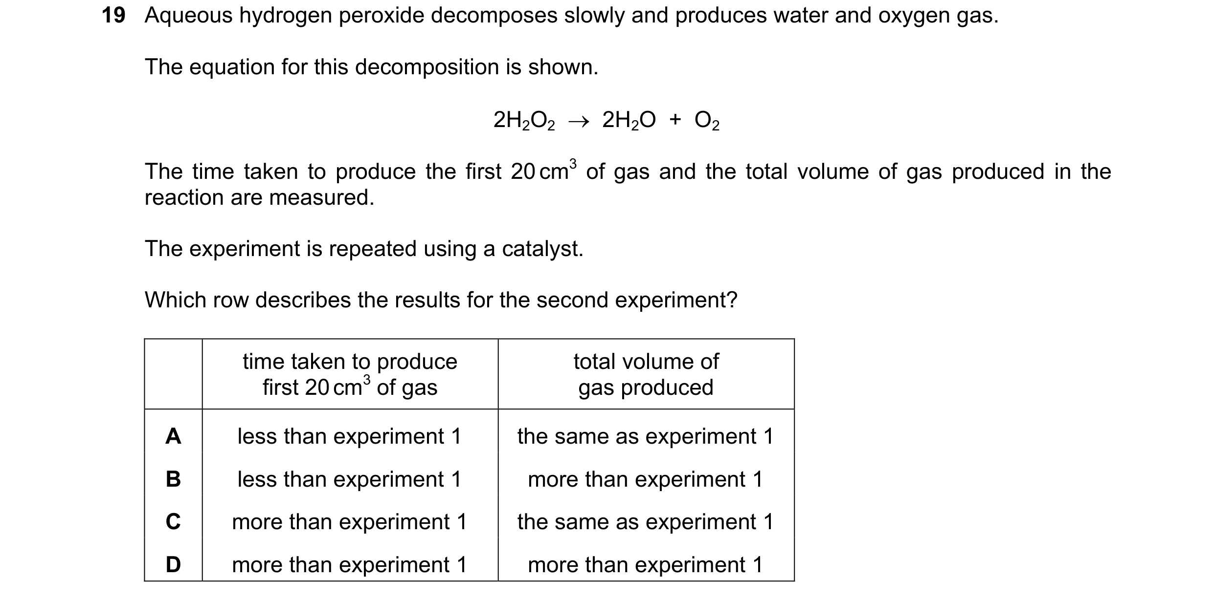 Question 46: Aqueous hydrogen peroxide decomposes slowly and produces water and oxygen gas. The equation for this decomposition is shown. 2H2O2 2H2O…