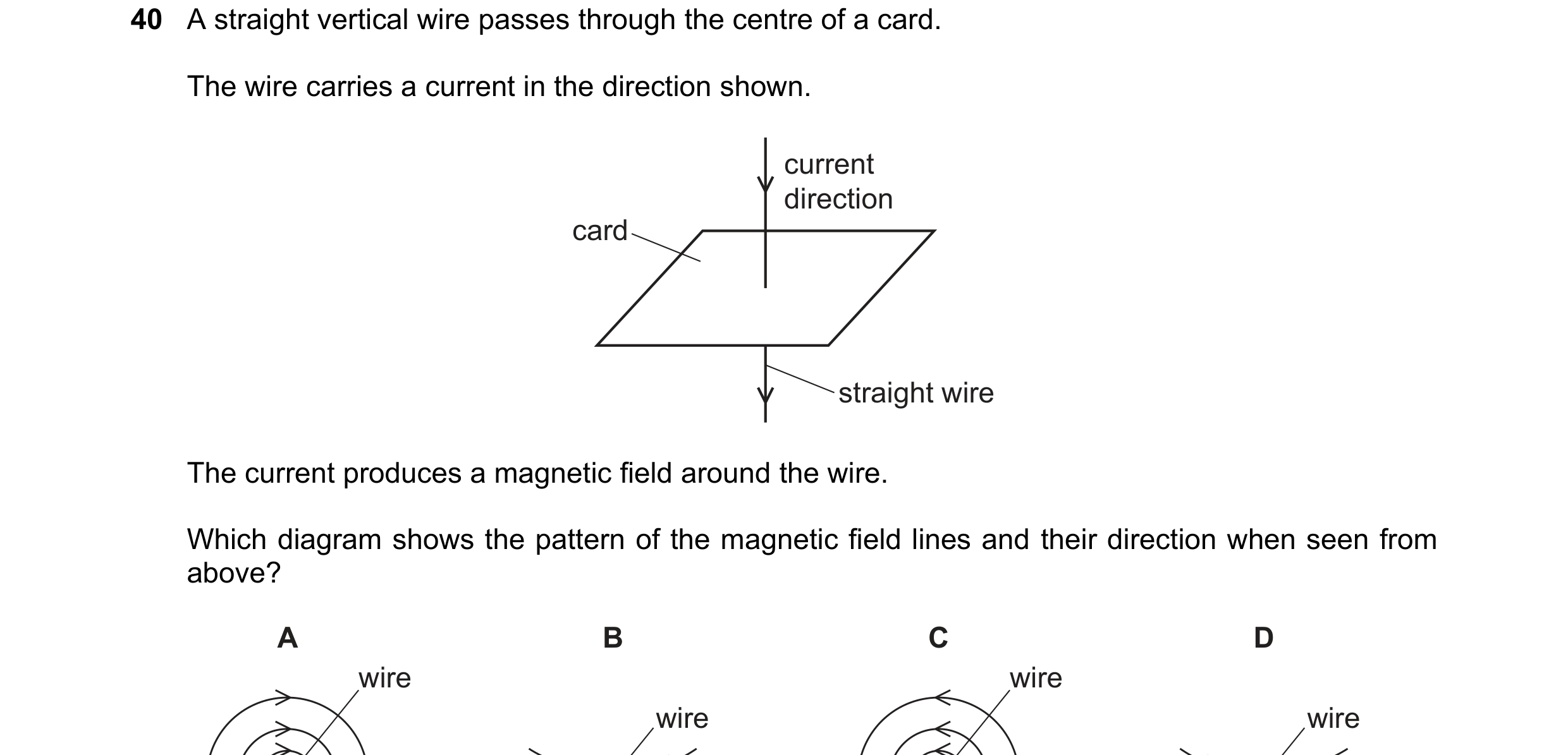 Question 32: A straight vertical wire passes through the centre of a card. The wire carries a current in the direction shown. current direction card str…