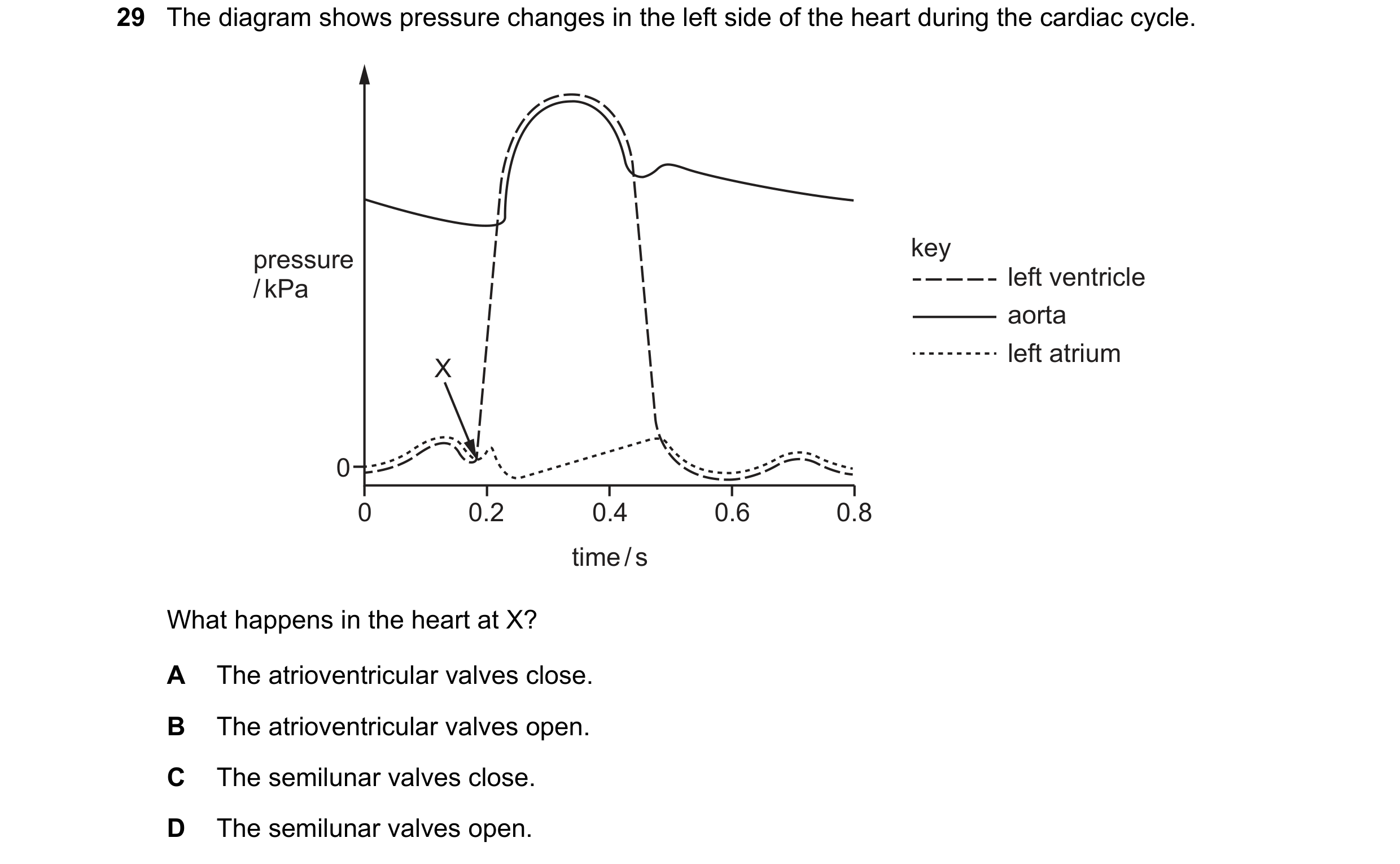 Question 133: The diagram shows pressure changes in the left side of the heart during the cardiac cycle. pressure key left ventricle / kPa aorta left atr…