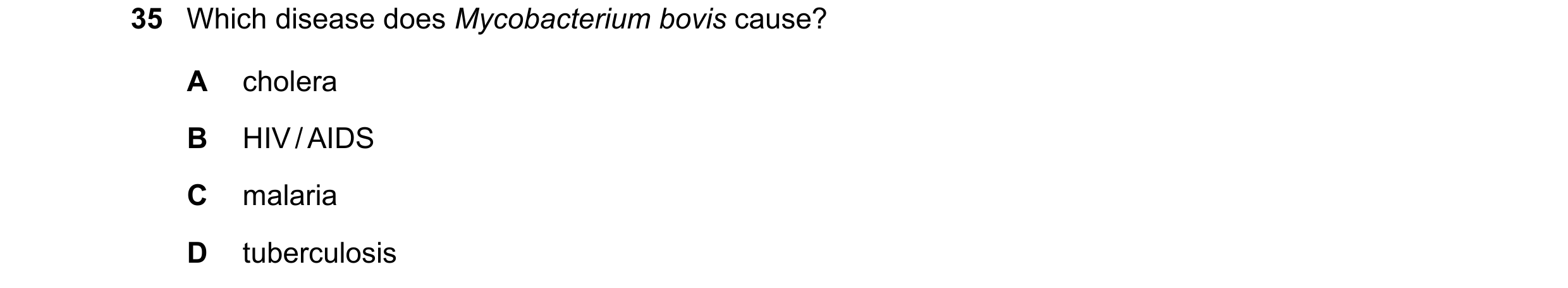 Question 152: Which disease does Mycobacterium bovis cause? A cholera B HIV / AIDS C malaria D tuberculosis