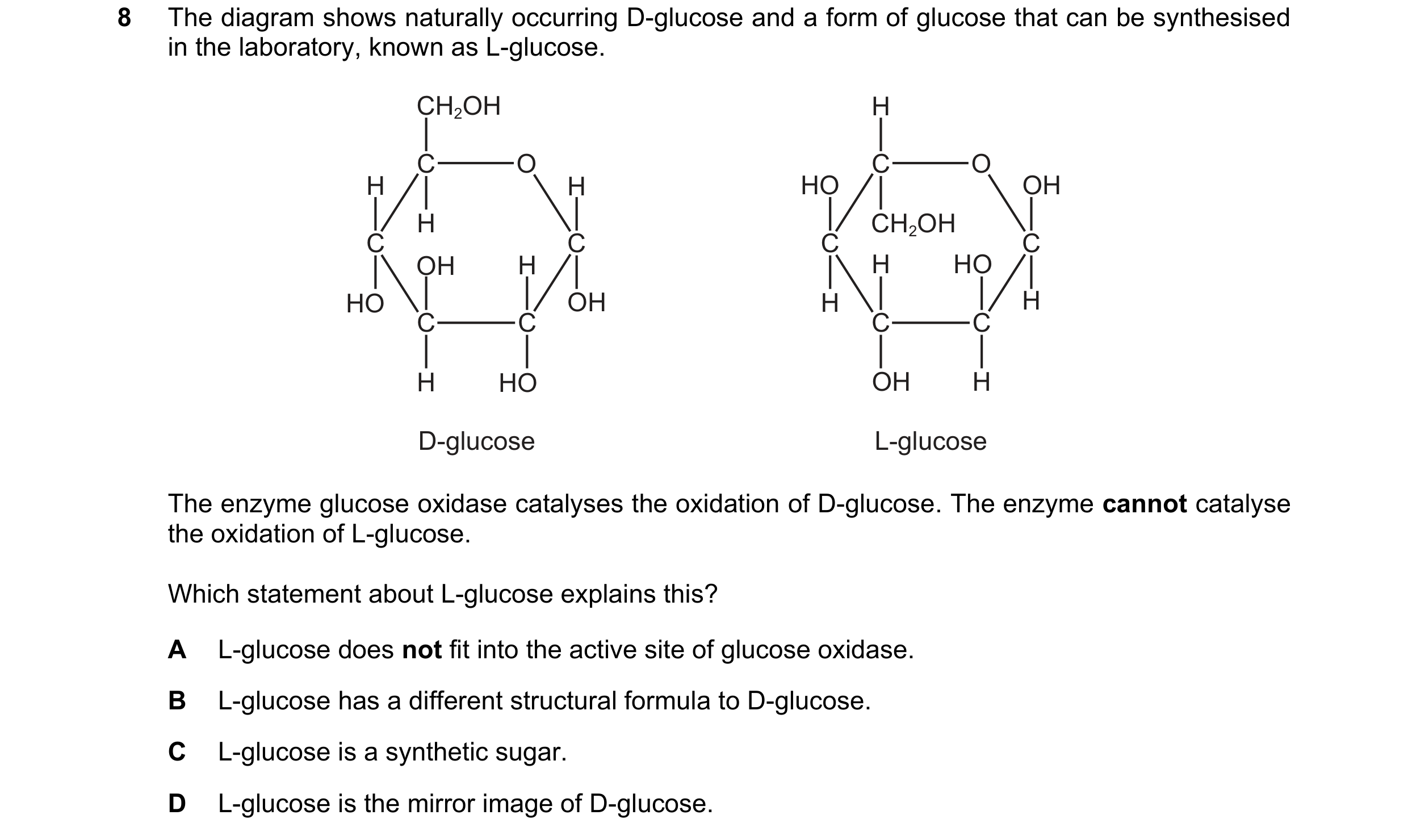 Question 87: The diagram shows naturally occurring D-glucose and a form of glucose that can be synthesised in the laboratory, known as L-glucose. CH2OH …