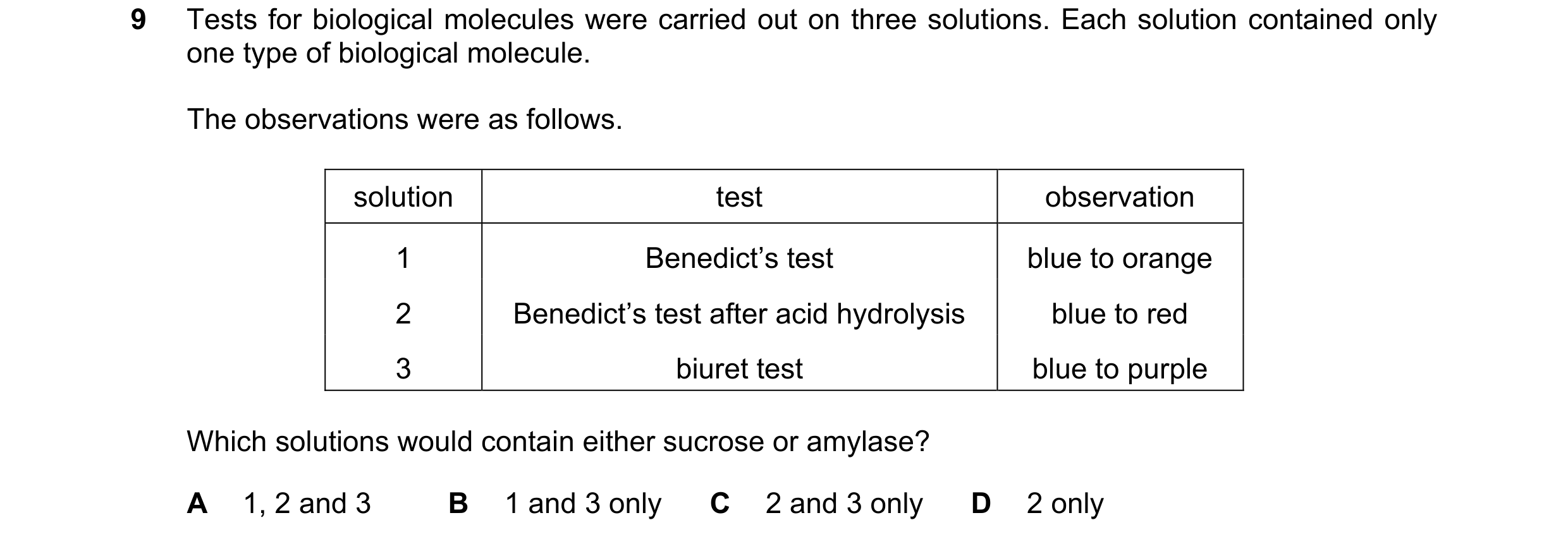 Question 92: Tests for biological molecules were carried out on three solutions. Each solution contained only one type of biological molecule. The obser…