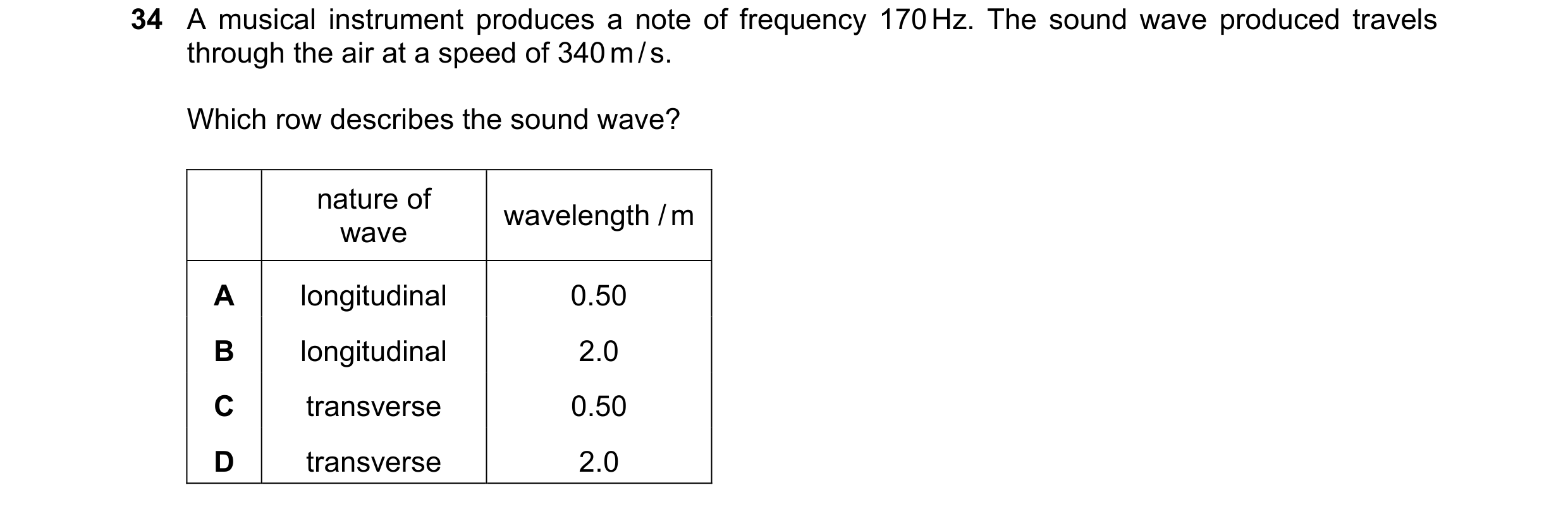 Question 17: A musical instrument produces a note of frequency 170 Hz. The sound wave produced travels through the air at a speed of 340 m / s. Which ro…