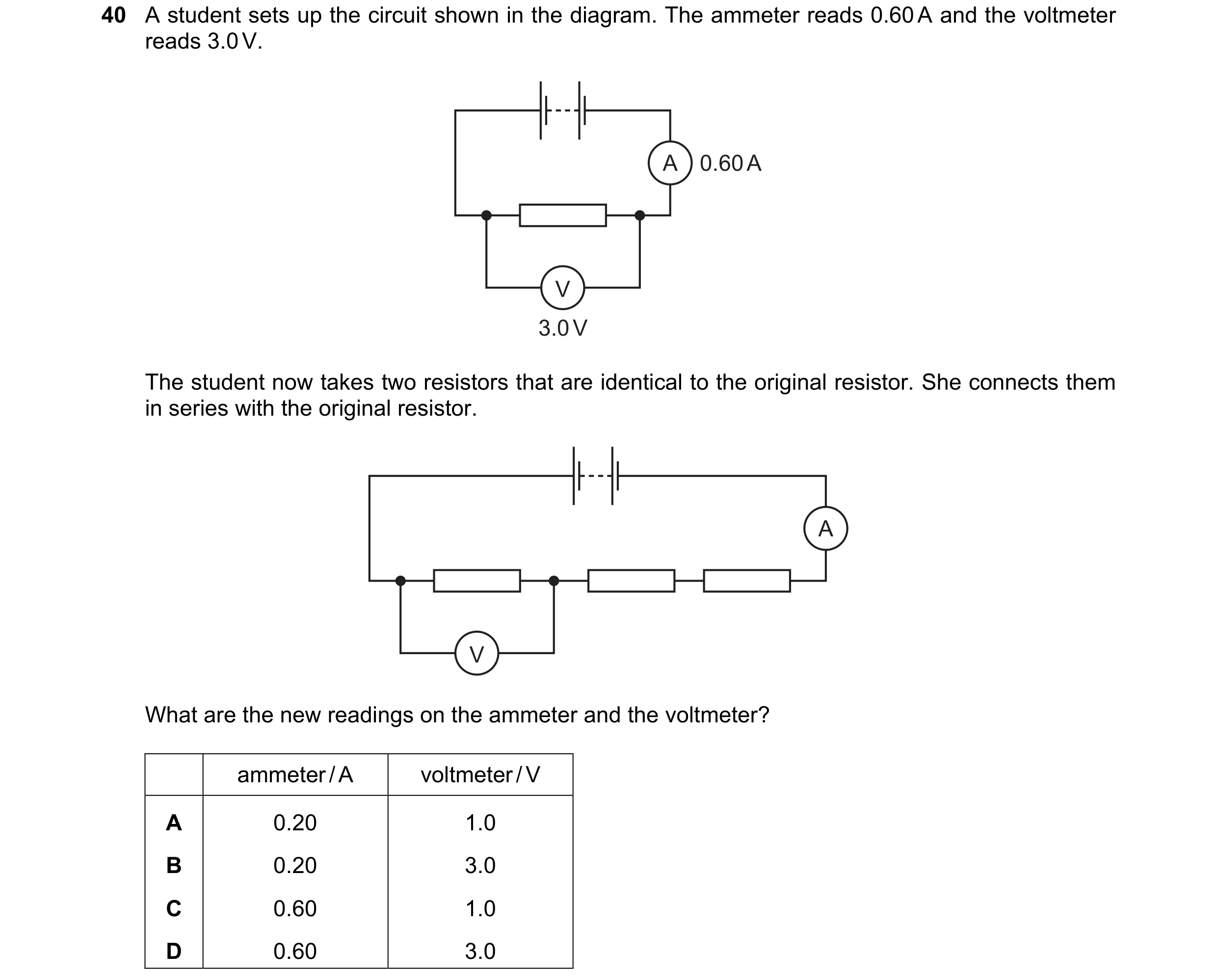 Question 19: A student sets up the circuit shown in the diagram. The ammeter reads 0.60 A and the voltmeter reads 3.0 V. A 0.60 A V 3.0 V The student no…