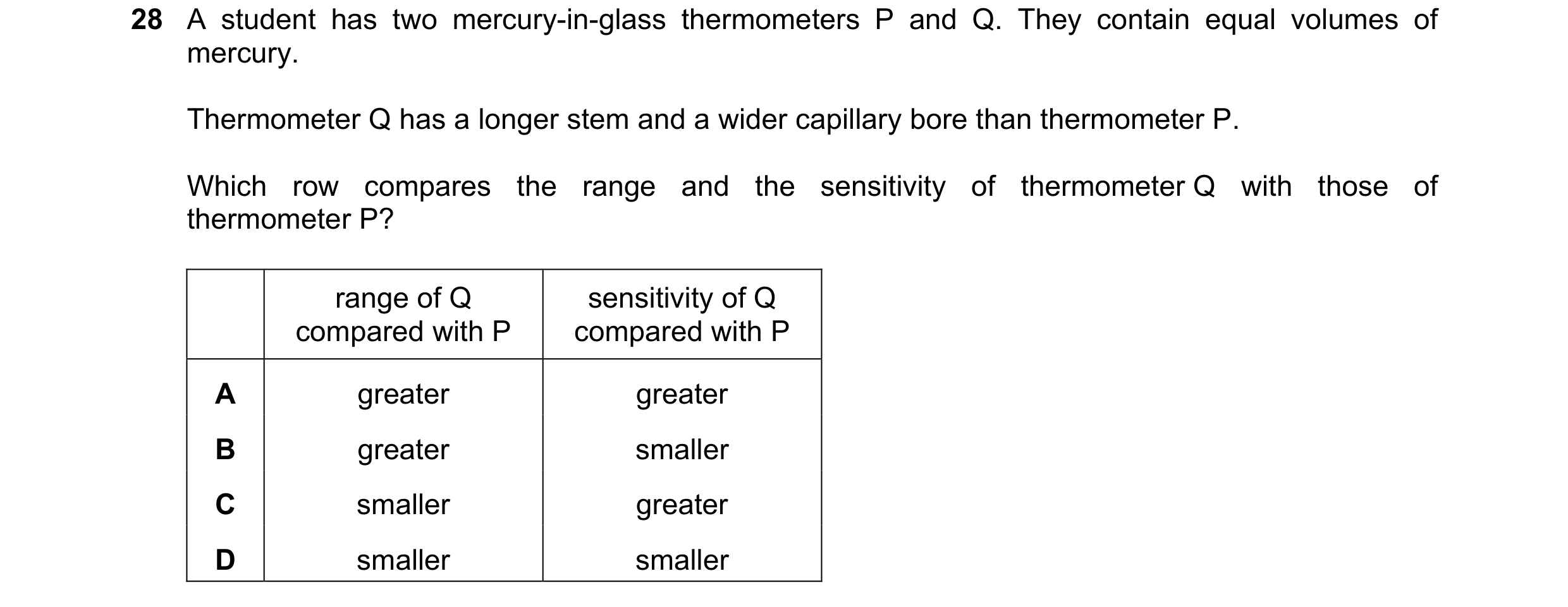 Question 1: A student has two mercury-in-glass thermometers P and Q. They contain equal volumes of mercury. Thermometer Q has a longer stem and a wider…