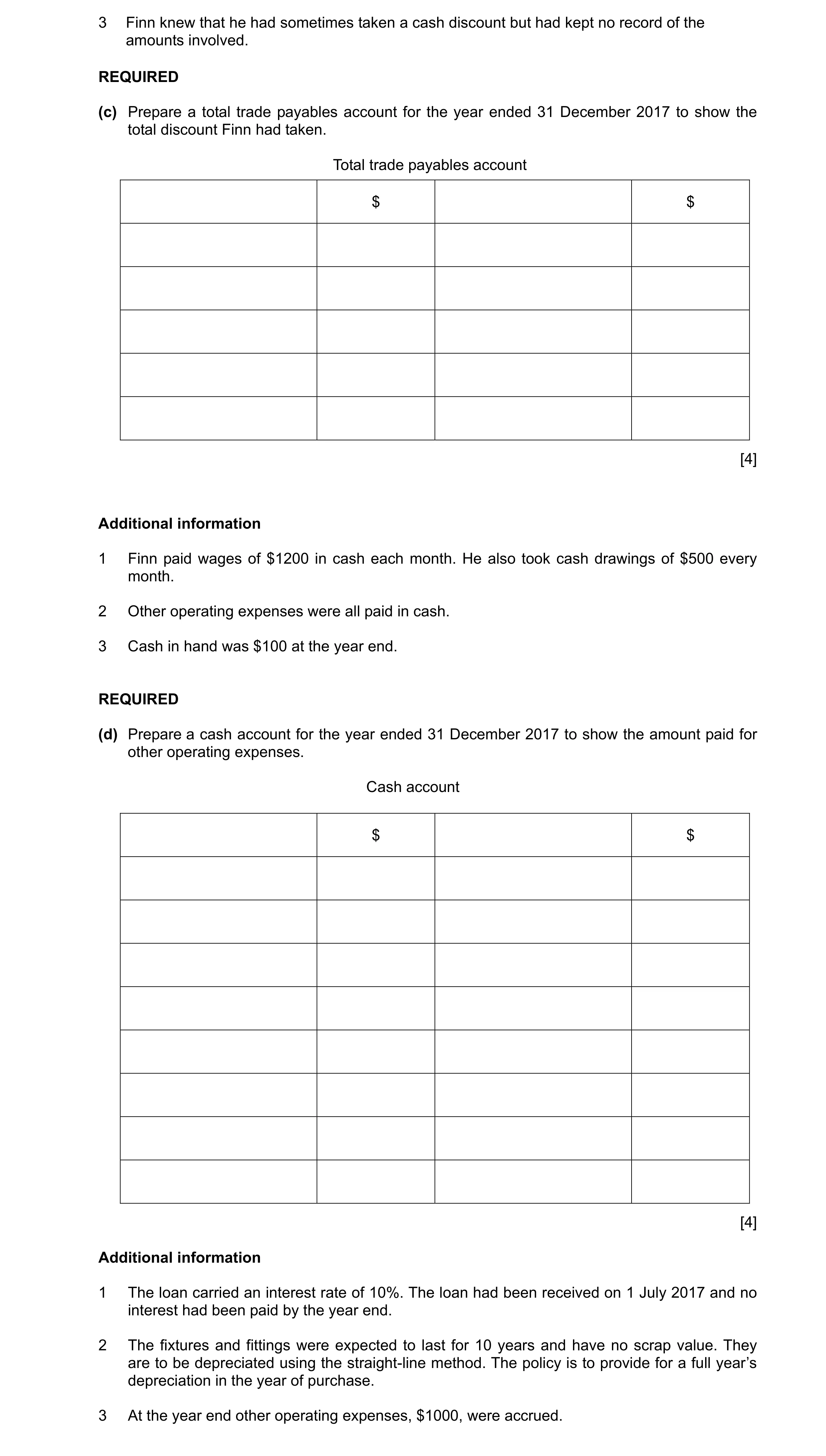 Question 13: Finn knew that he had sometimes taken a cash discount but had kept no record of the amounts involved. REQUIRED (c) Prepare a total trade pa…