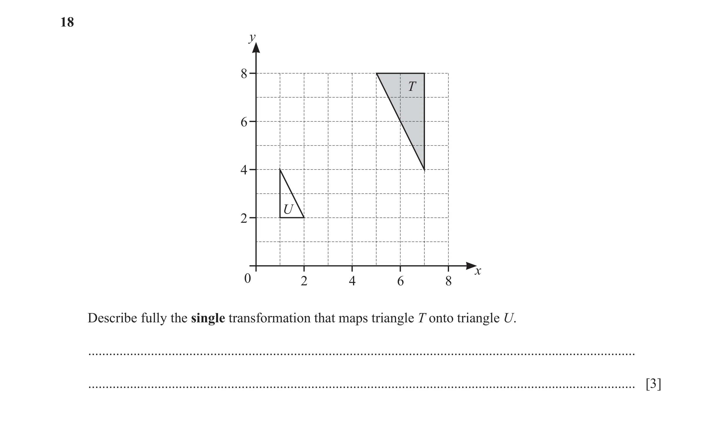 Question 24: y 8 T 6 4 U 2 x 0 2 4 6 8 Describe fully the single transformation that maps triangle T onto triangle U. ..................................…