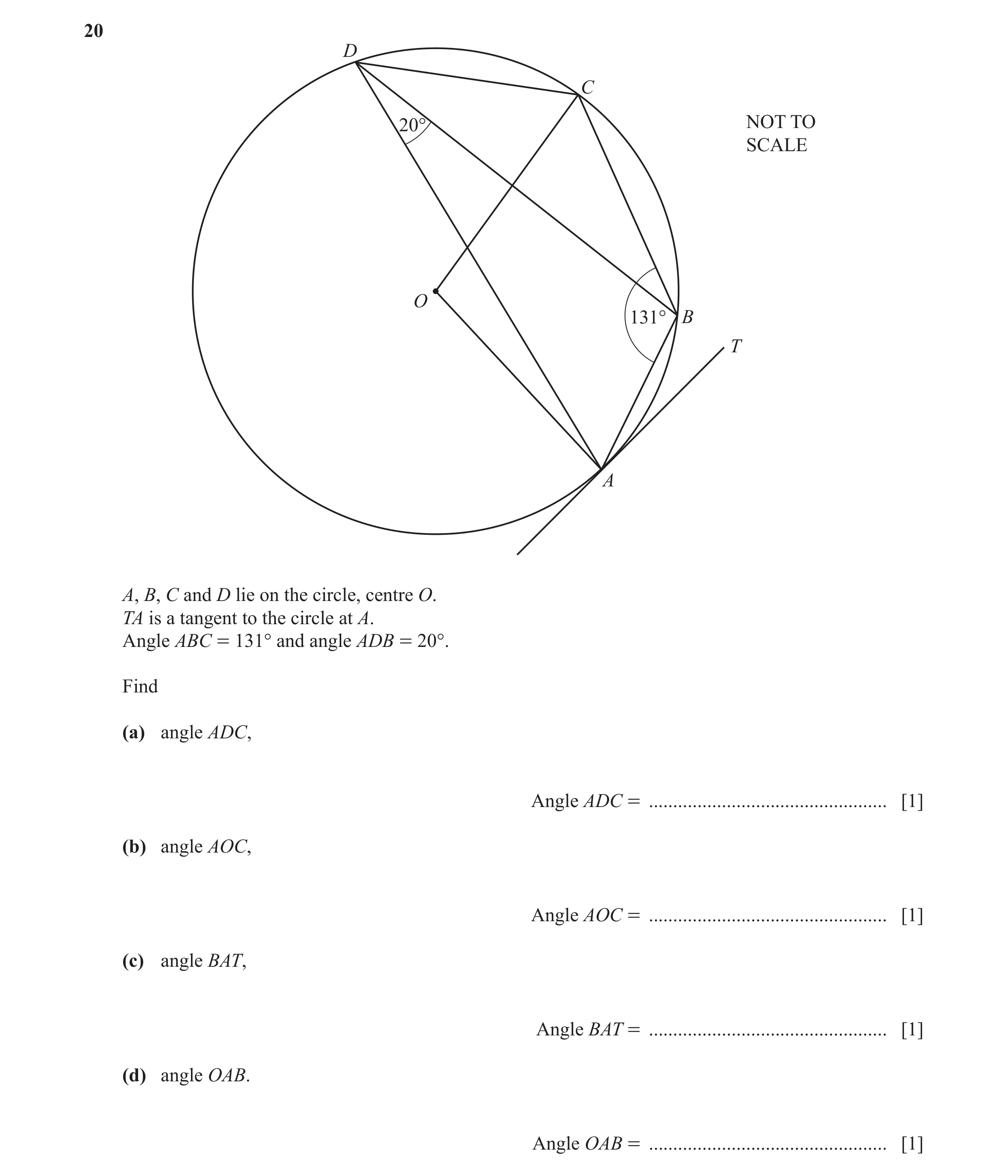 Question 30: D C 20° NOT TO SCALE O 131° B T A A, B, C and D lie on the circle, centre O. TA is a tangent to the circle at A. Angle ABC = 131° and angle…