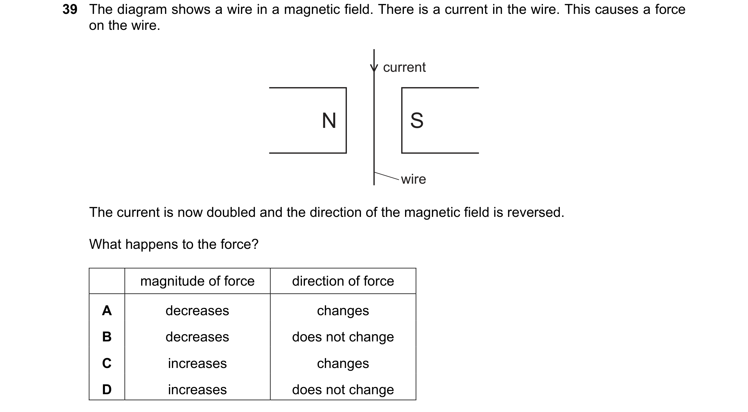 Question 3: The diagram shows a wire in a magnetic field. There is a current in the wire. This causes a force on the wire. current N S wire The current…