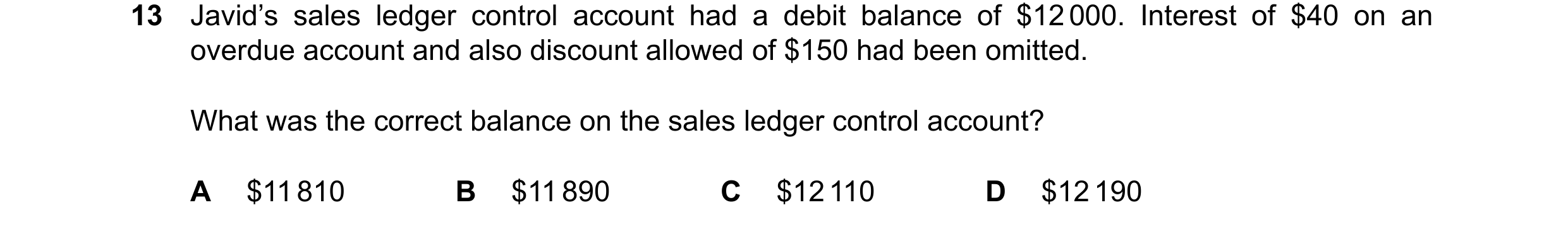 Question 78: Javid’s sales ledger control account had a debit balance of $12000. Interest of $40 on an overdue account and also discount allowed of $150…