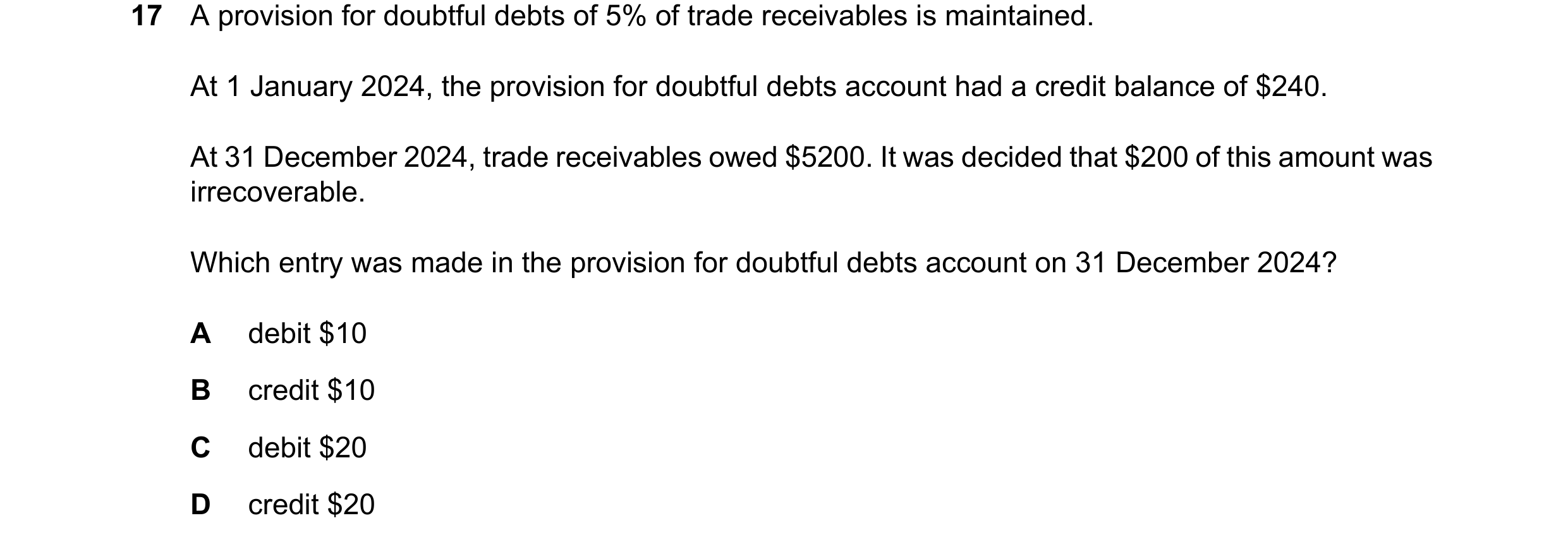 Question 53: A provision for doubtful debts of 5% of trade receivables is maintained. At 1 January 2024, the provision for doubtful debts account had a …