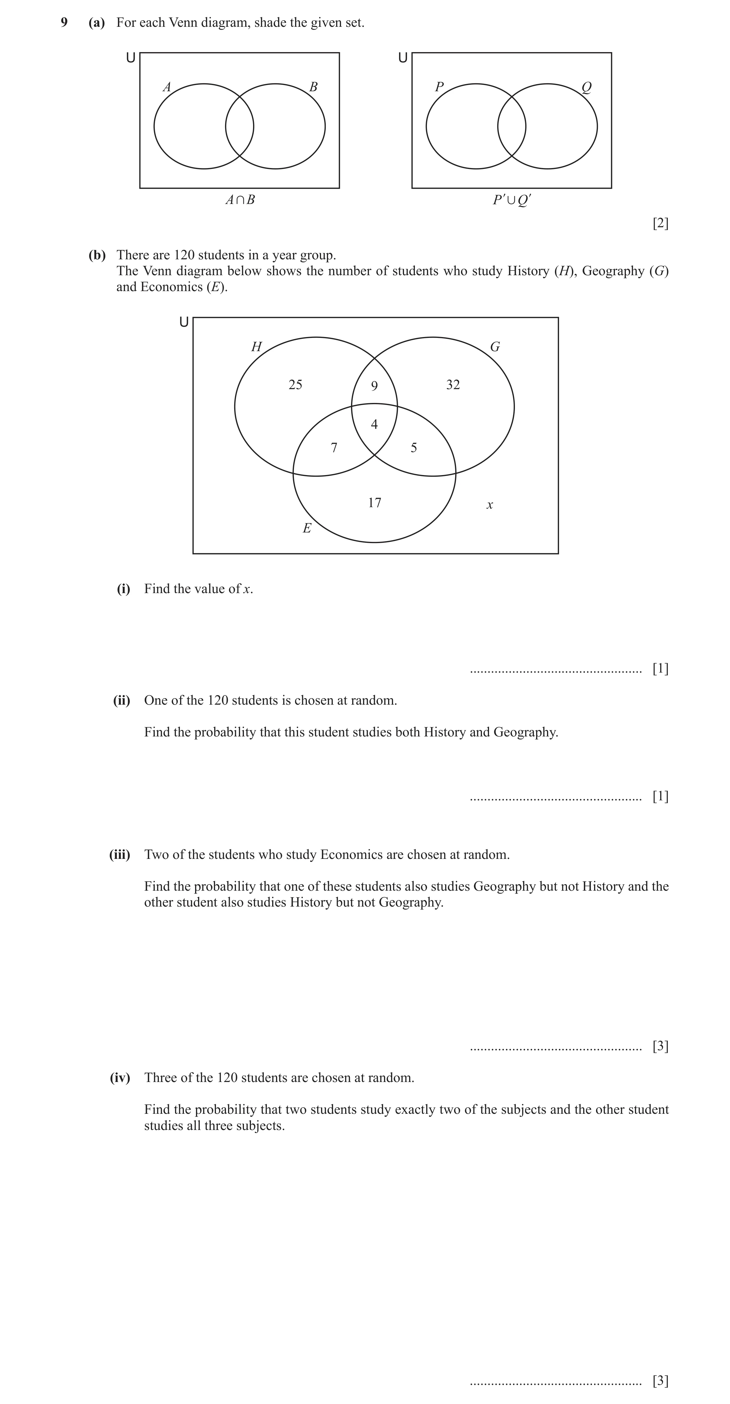Question 9: (a) For each Venn diagram, shade the given set. U U A B P Q A + B P l , Q l [2] (b) There are 120 students in a year group. The Venn diagra…