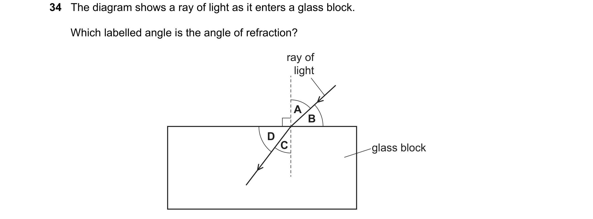 Question 64: The diagram shows a ray of light as it enters a glass block. Which labelled angle is the angle of refraction? ray of light A B D C glass bl…