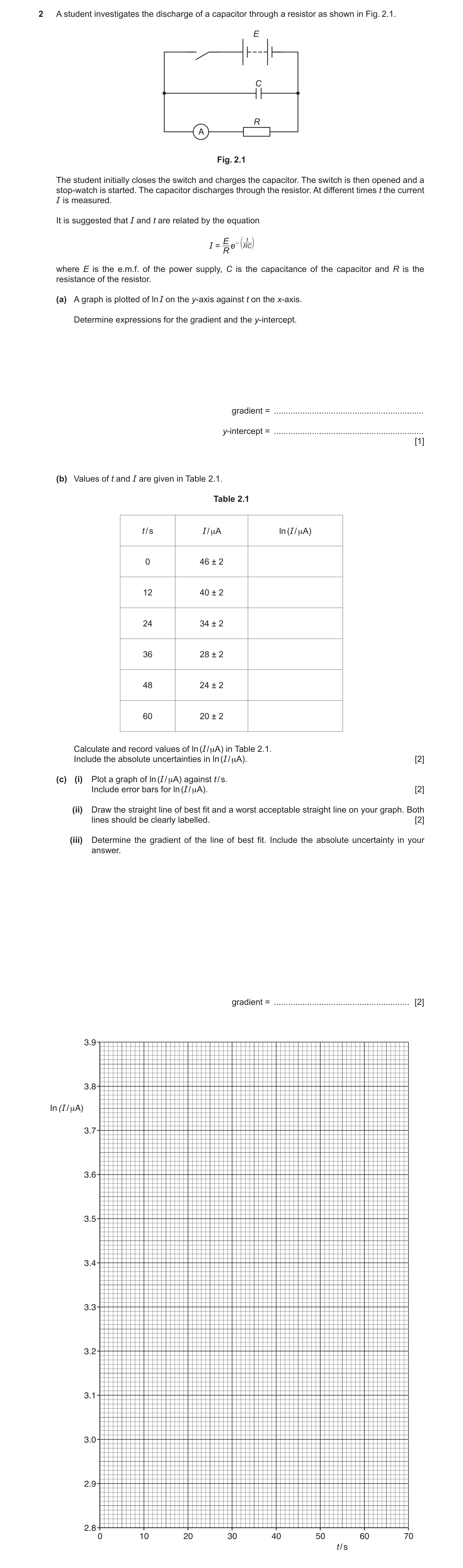 Question 4: A student investigates the discharge of a capacitor through a resistor as shown in Fig. 2.1. E C R A Fig. 2.1 The student initially closes …