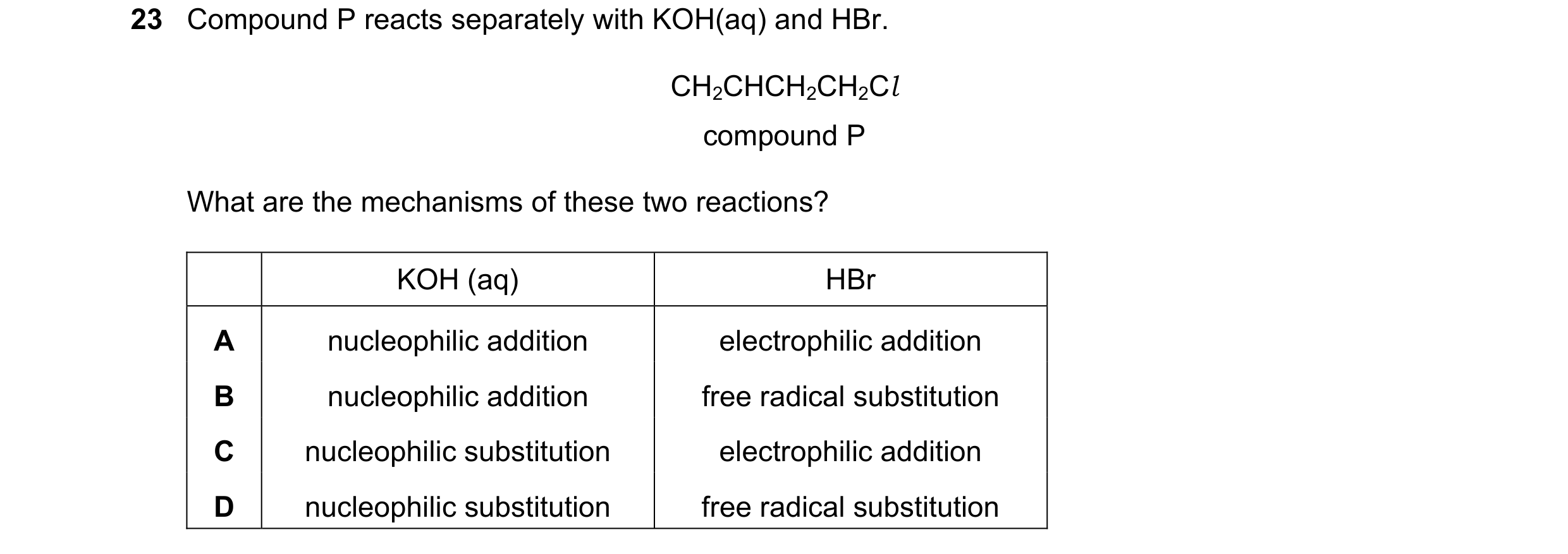 Question 151: Compound P reacts separately with KOH(aq) and HBr. CH2CHCH2CH2Cl compound P What are the mechanisms of these two reactions? KOH (aq) HBr A …