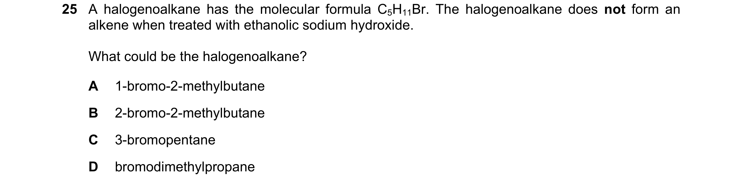 Question 152: A halogenoalkane has the molecular formula C5H11Br. The halogenoalkane does not form an alkene when treated with ethanolic sodium hydroxide…