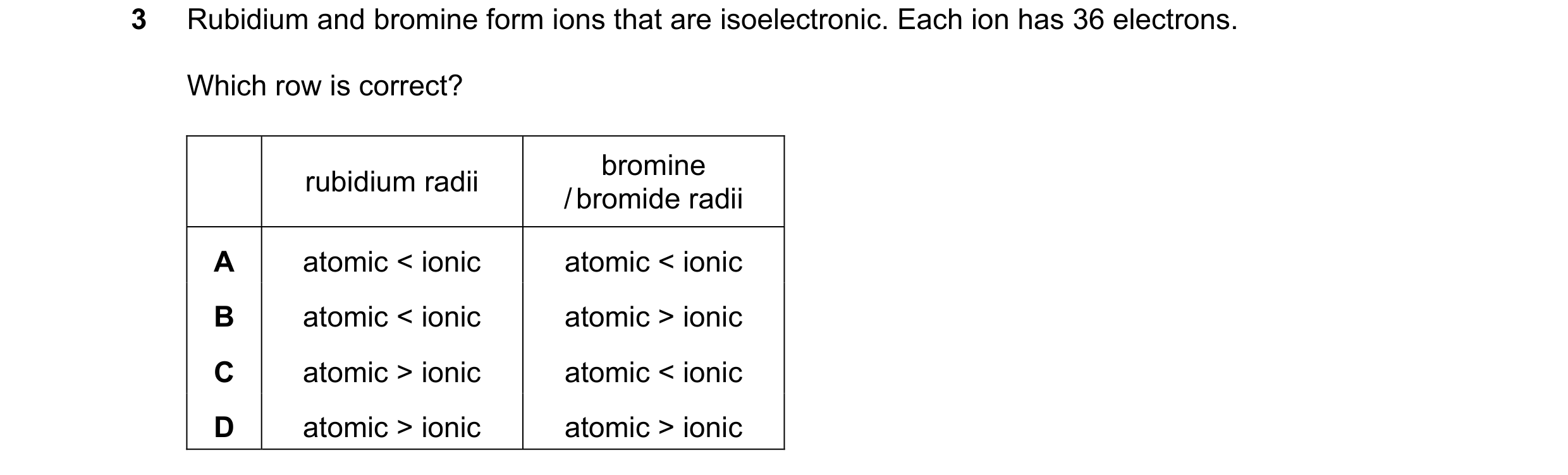 Question 77: Rubidium and bromine form ions that are isoelectronic. Each ion has 36 electrons. Which row is correct? bromine rubidium radii / bromide ra…