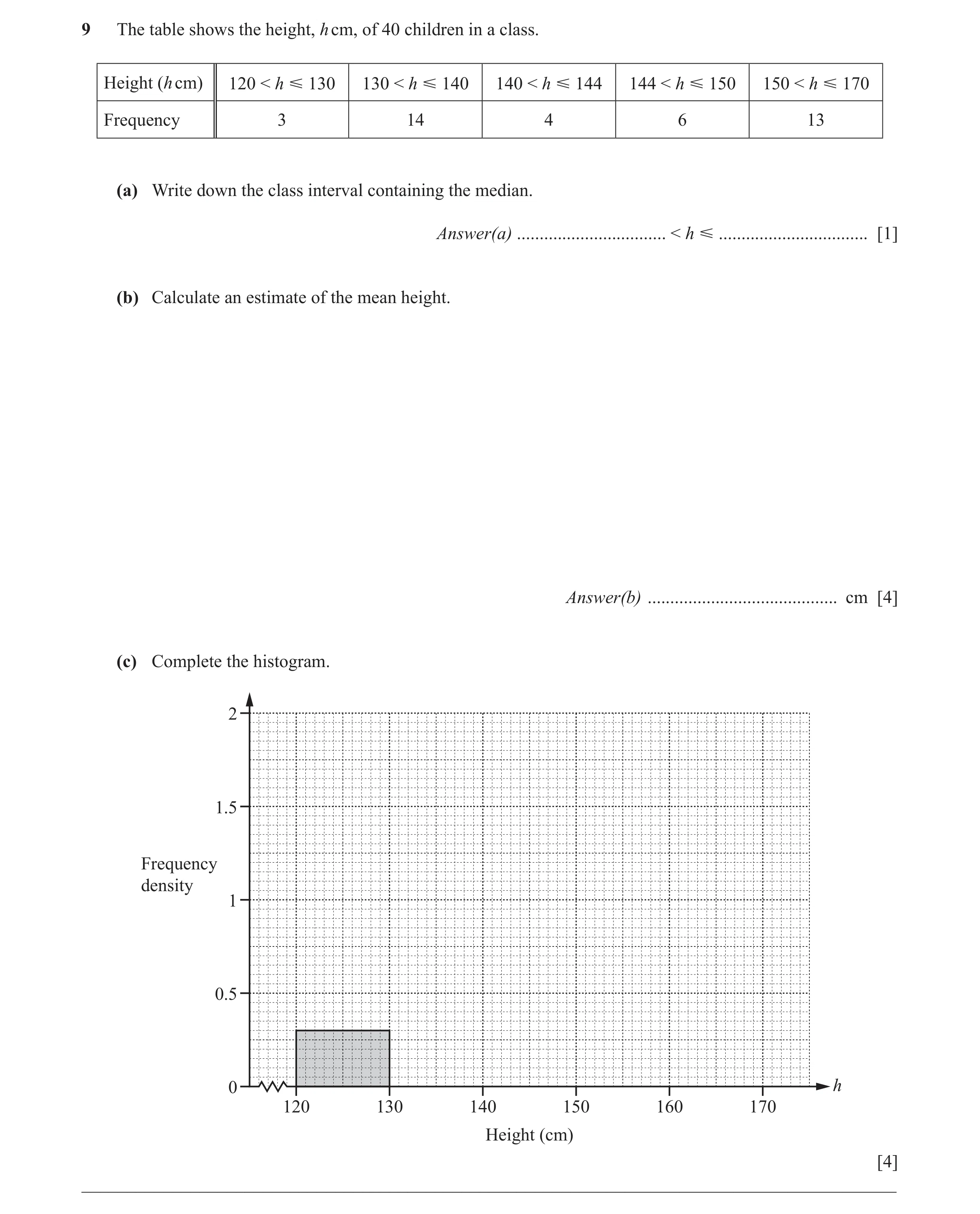 Question 6: The table shows the height, h cm, of 40 children in a class. Height (h cm) 120 < h  130 130 < h  140 140 < h  144 144 < h  150 150 < h …