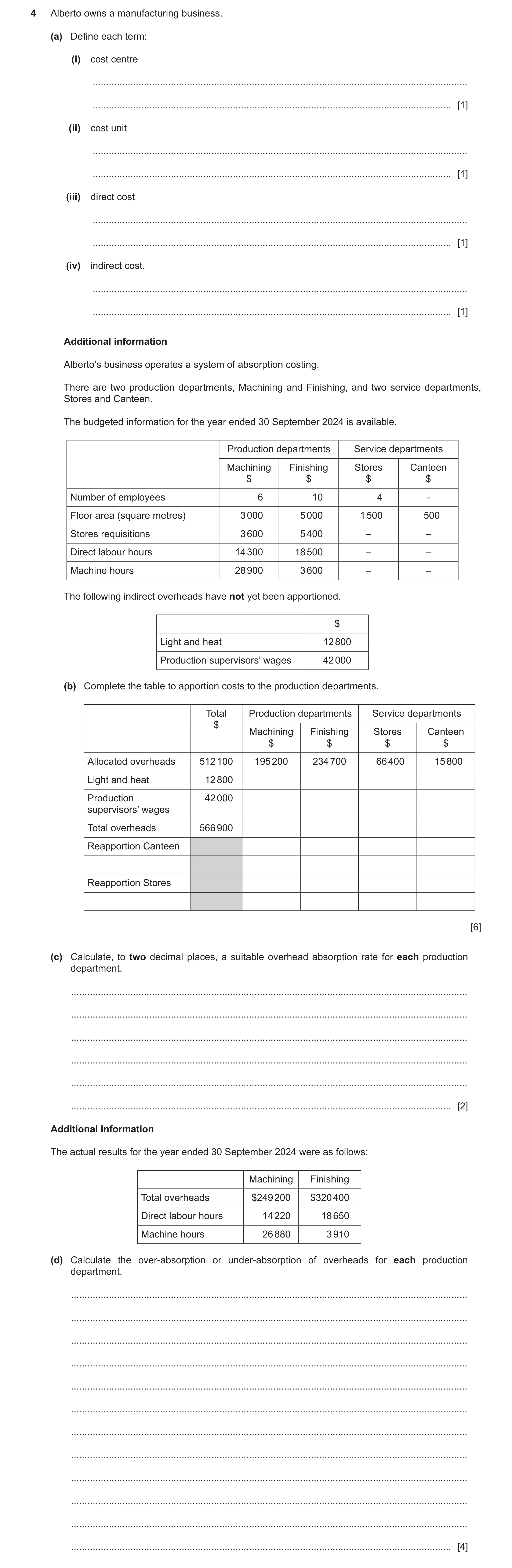 Question 22: Alberto owns a manufacturing business. (a) Define each term: (i) cost centre ..............................................................…