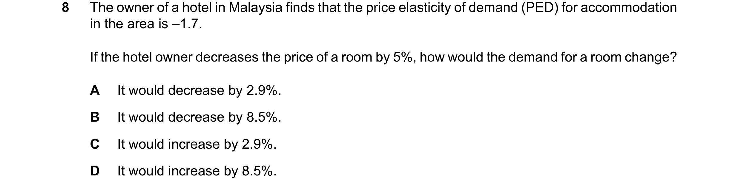 Question 69: The owner of a hotel in Malaysia finds that the price elasticity of demand (PED) for accommodation in the area is –1.7. If the hotel owner …