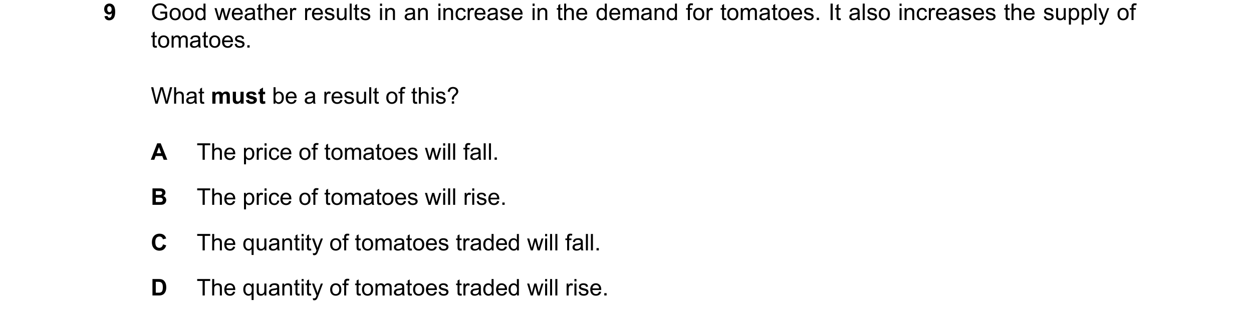 Question 86: Good weather results in an increase in the demand for tomatoes. It also increases the supply of tomatoes. What must be a result of this? A …