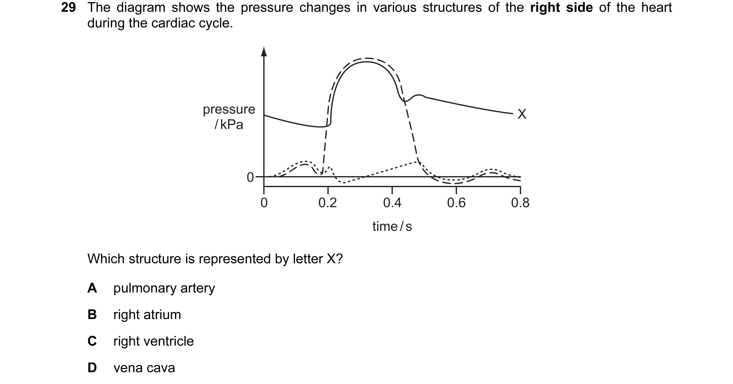 Question 37: The diagram shows the pressure changes in various structures of the right side of the heart during the cardiac cycle. pressure X / kPa 0 0 …