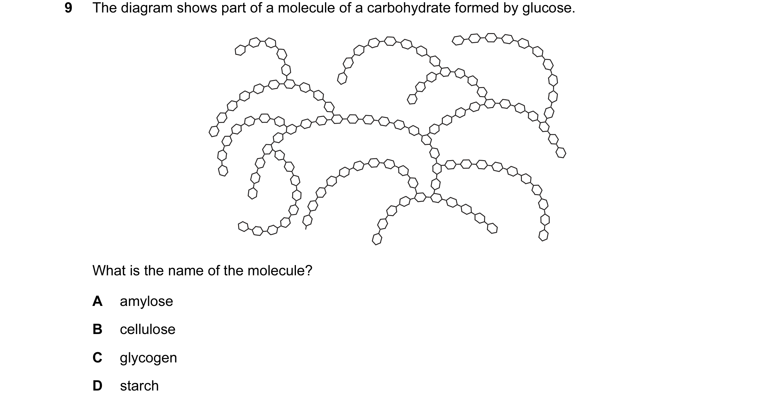 Question 91: The diagram shows part of a molecule of a carbohydrate formed by glucose. What is the name of the molecule? A amylose B cellulose C glycoge…